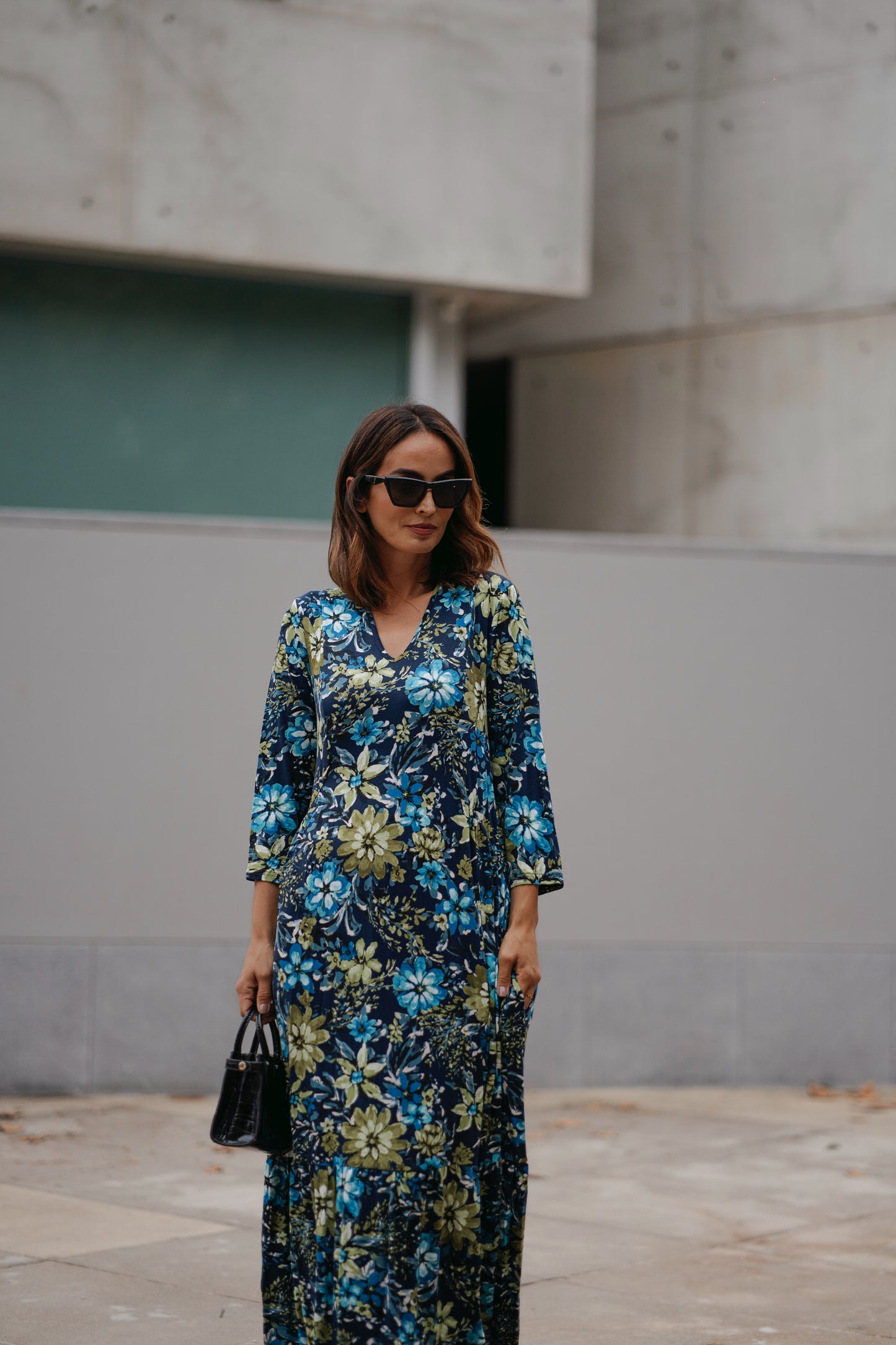 Vestido comprido em malha estampada