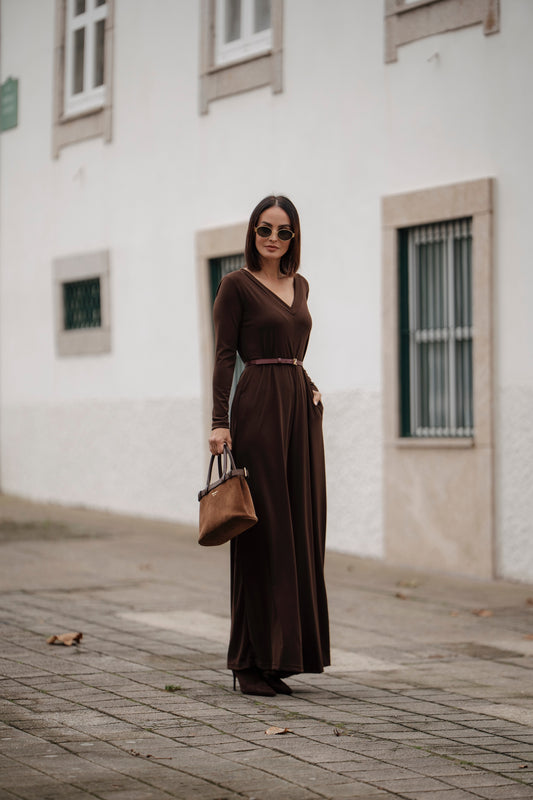 Macacão comprido em malha castanho