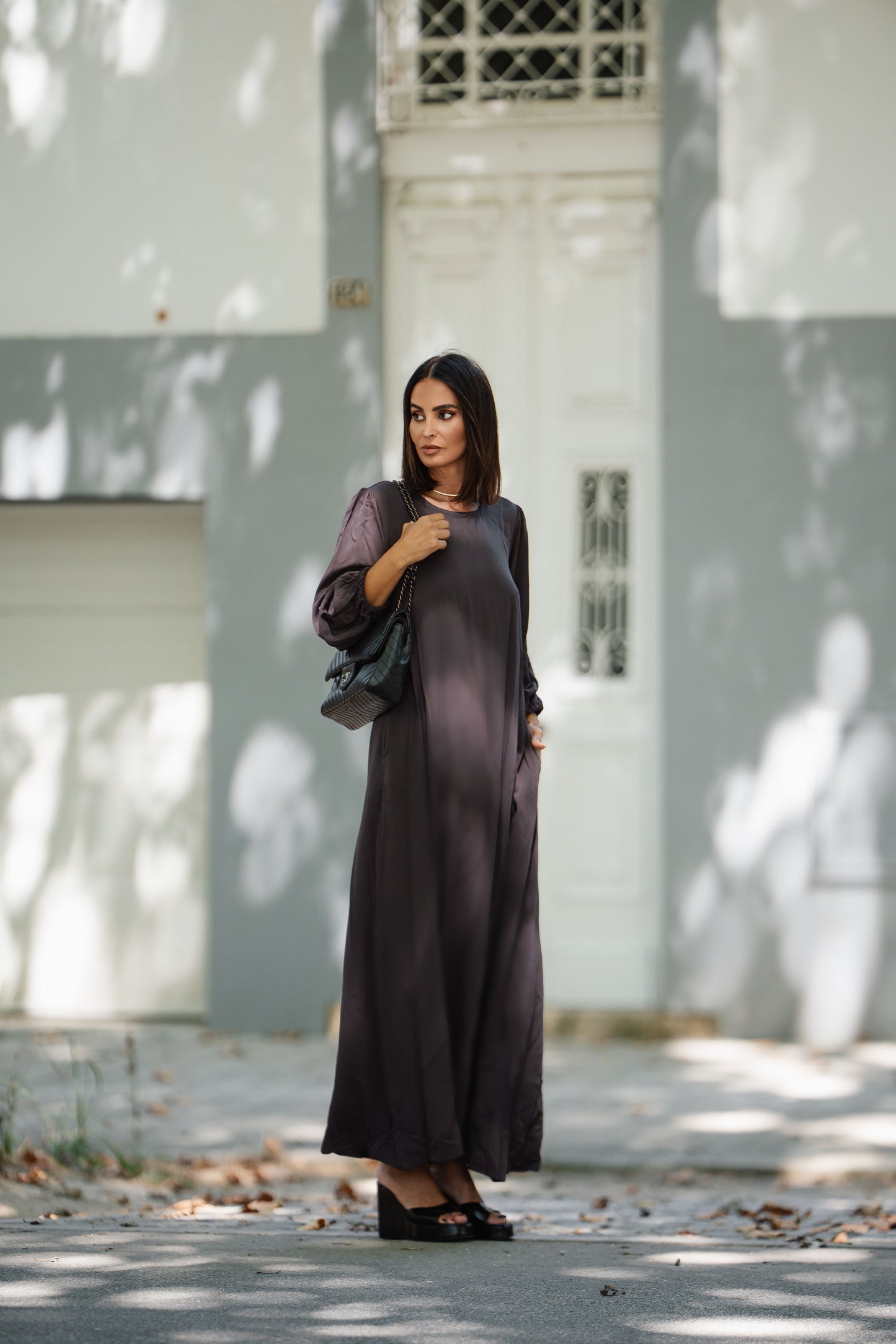 Vestido comprido em viscose castanho