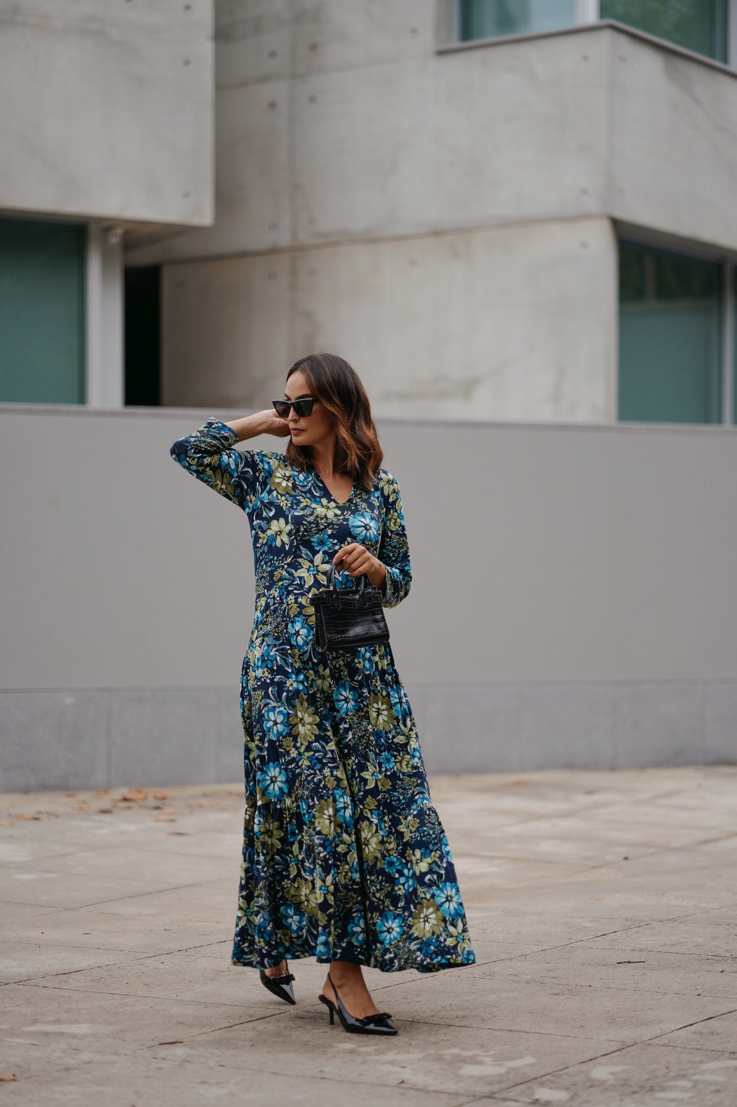 Vestido comprido em malha estampada