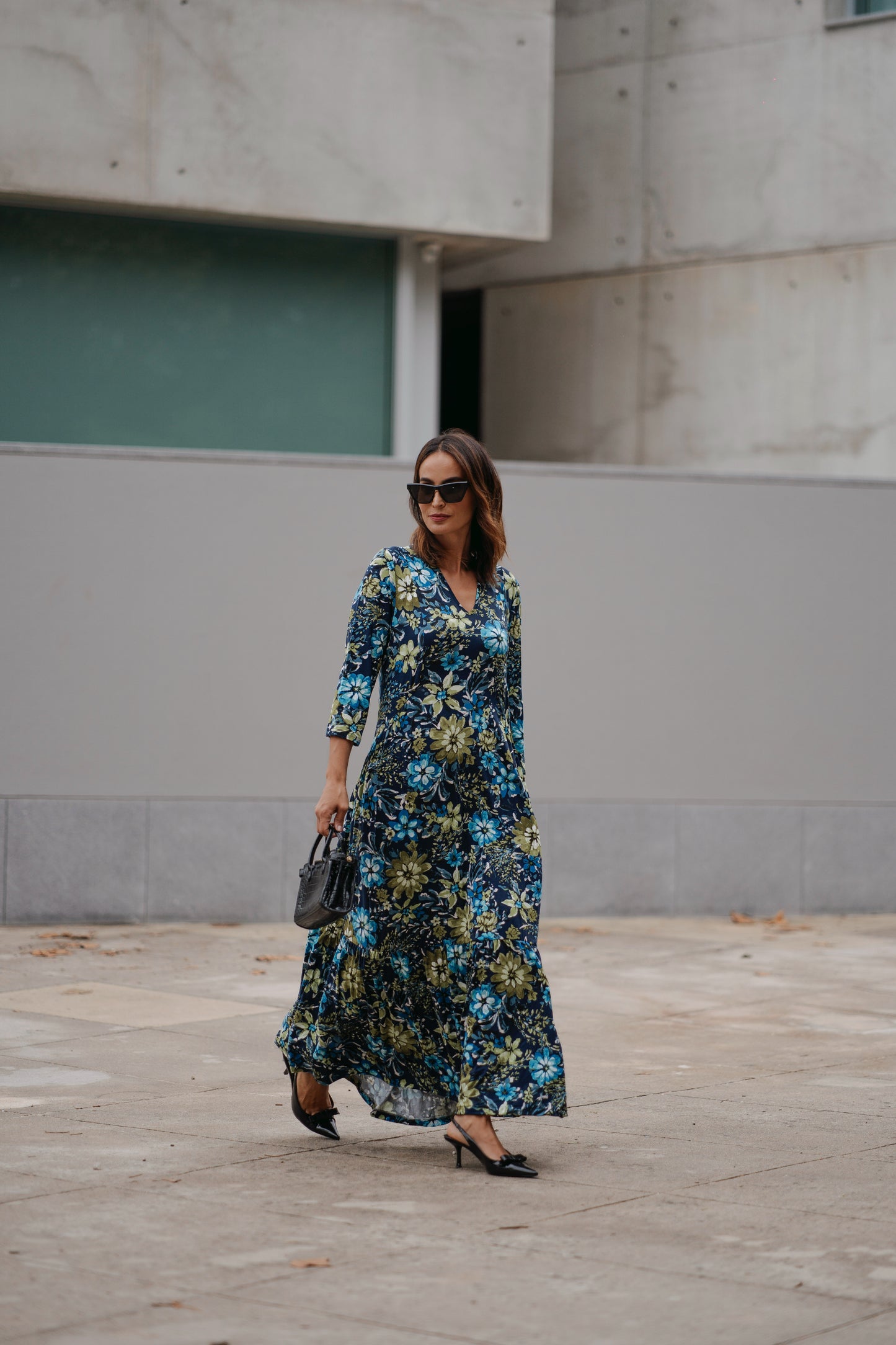 Vestido comprido em malha estampada