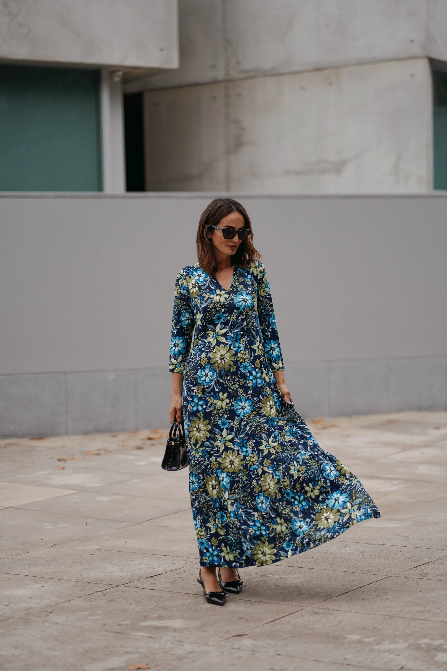 Vestido comprido em malha estampada