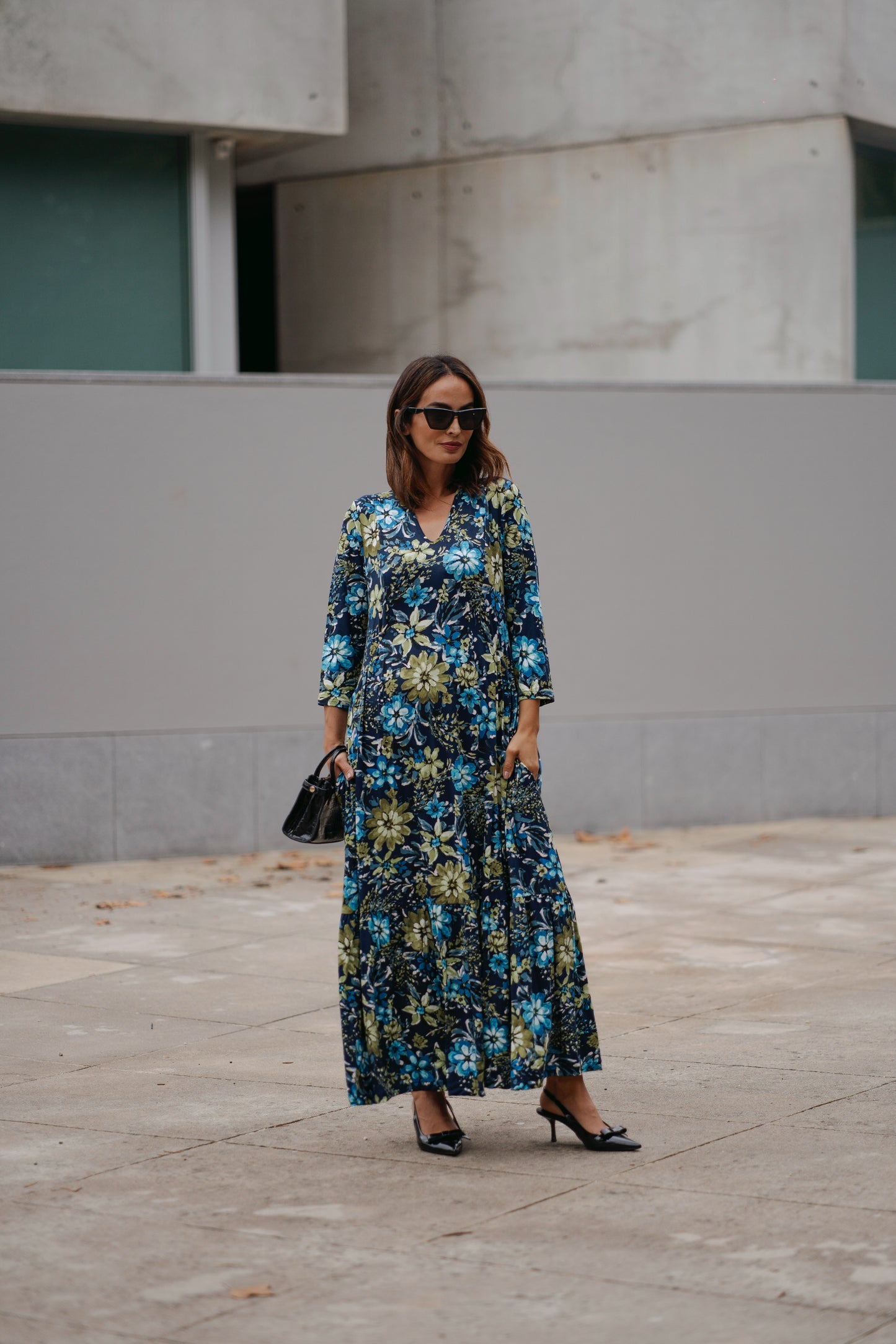 Vestido comprido em malha estampada
