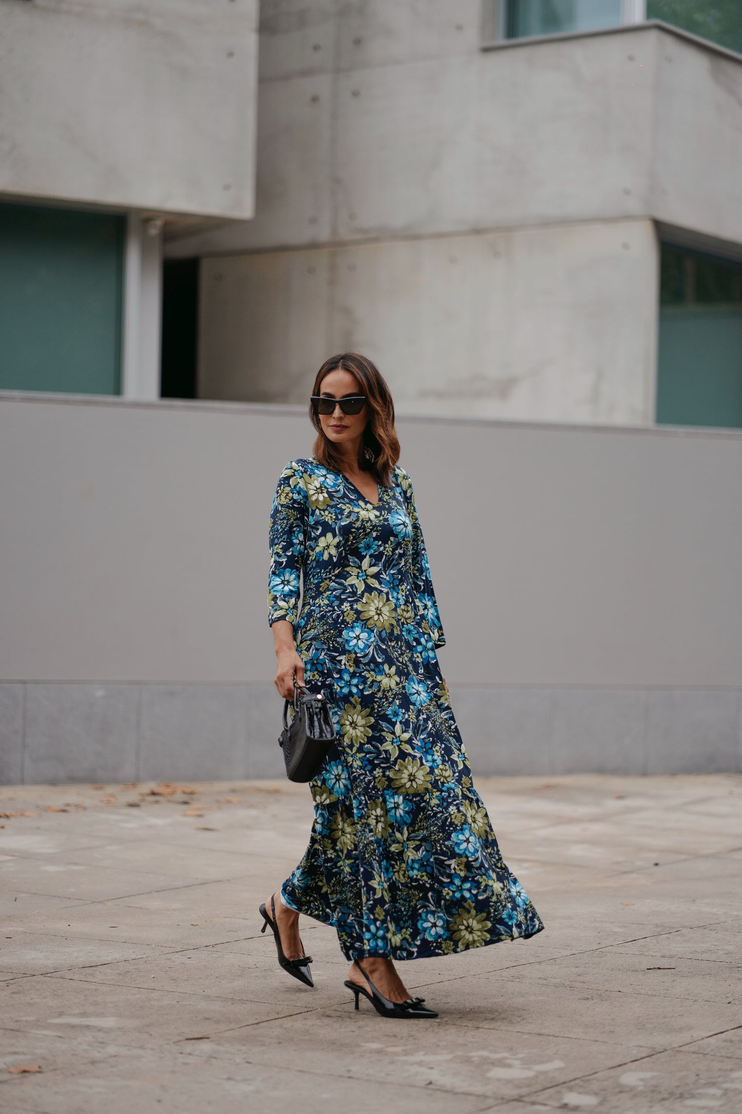 Vestido comprido em malha estampada