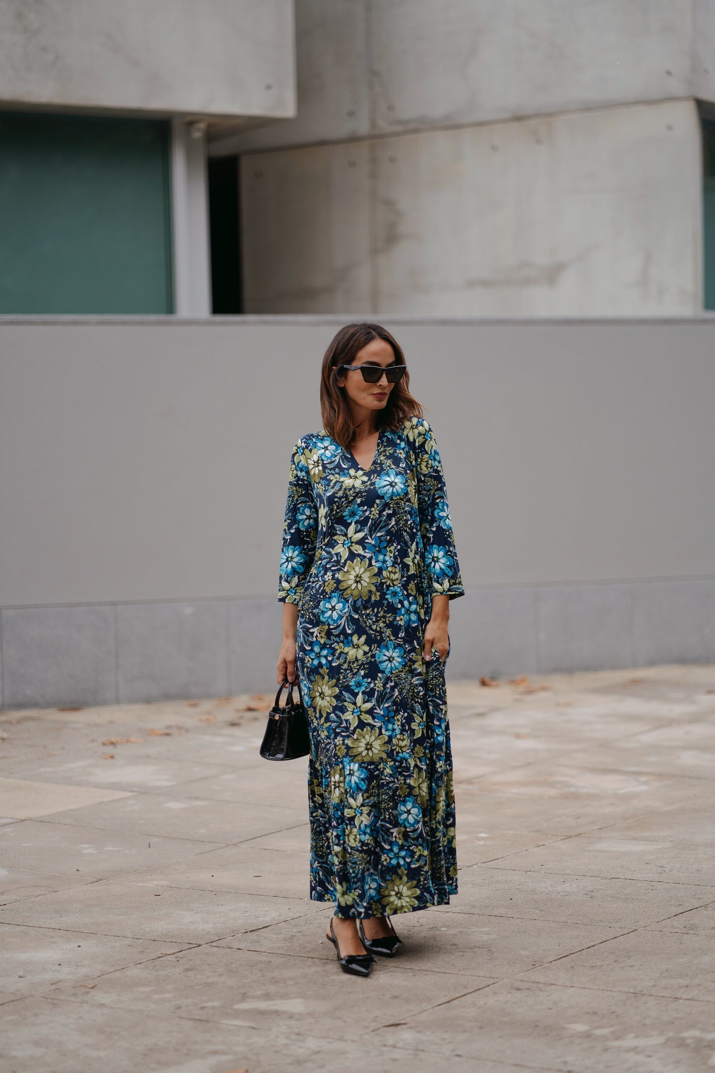 Vestido comprido em malha estampada