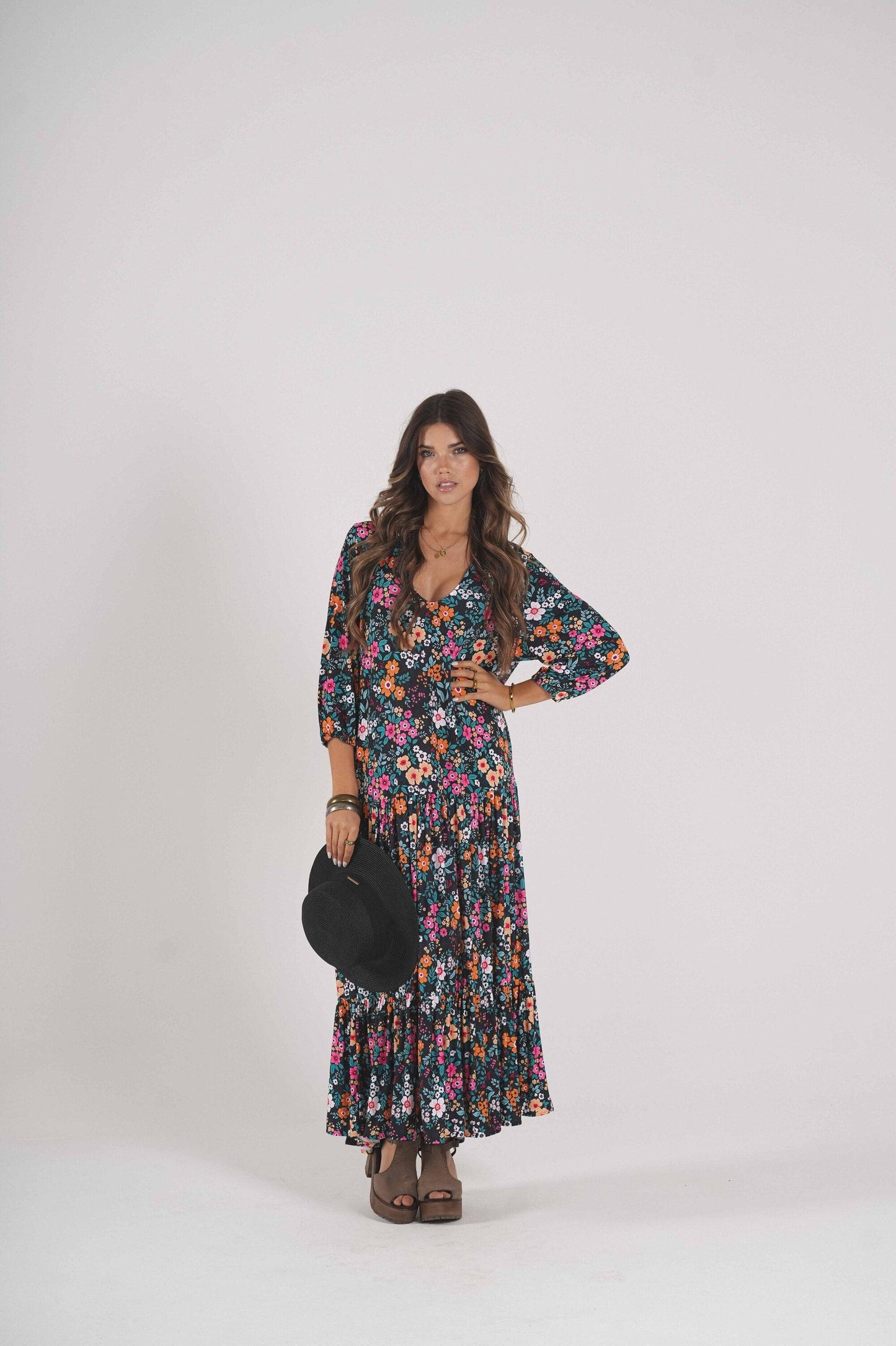 Vestido comprido em malha estampada