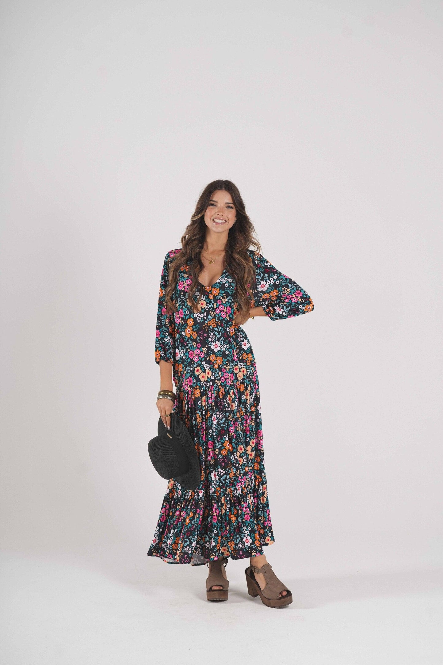 Vestido comprido em malha estampada