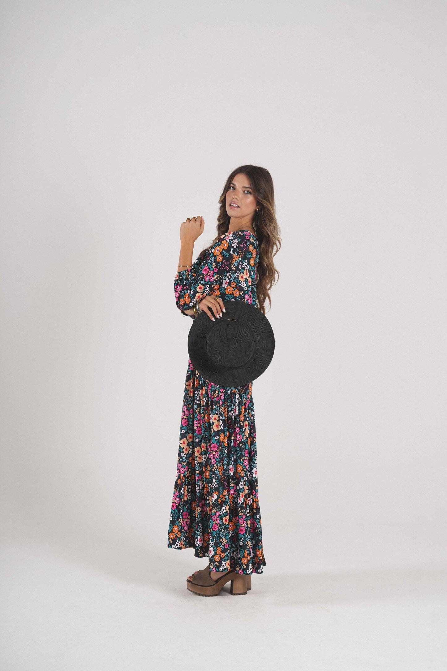 Vestido comprido em malha estampada