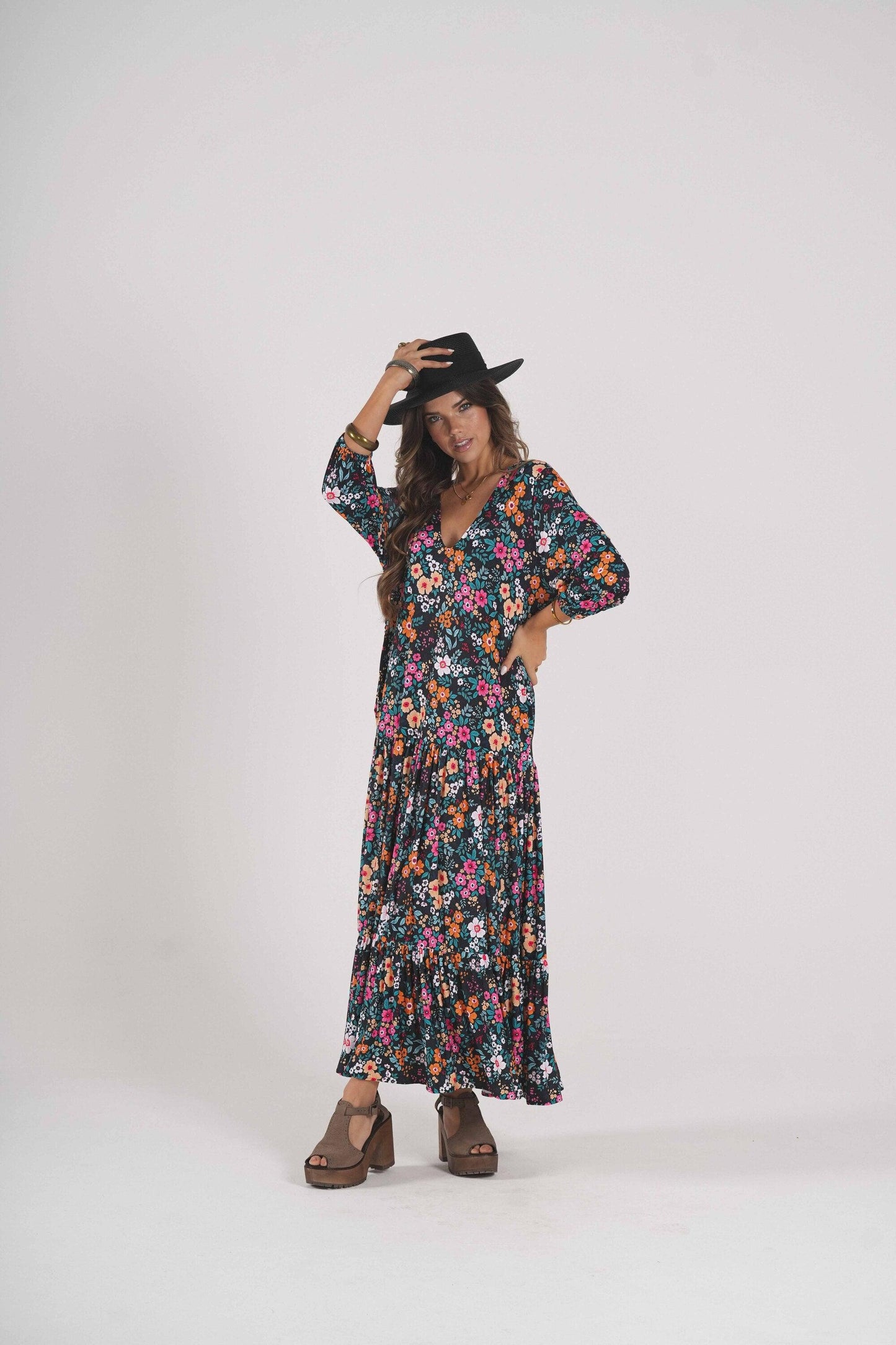 Vestido comprido em malha estampada
