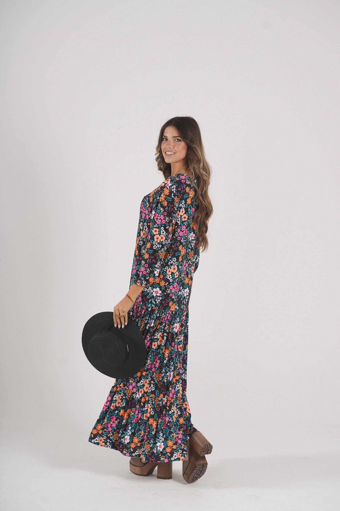 Vestido comprido em malha estampada