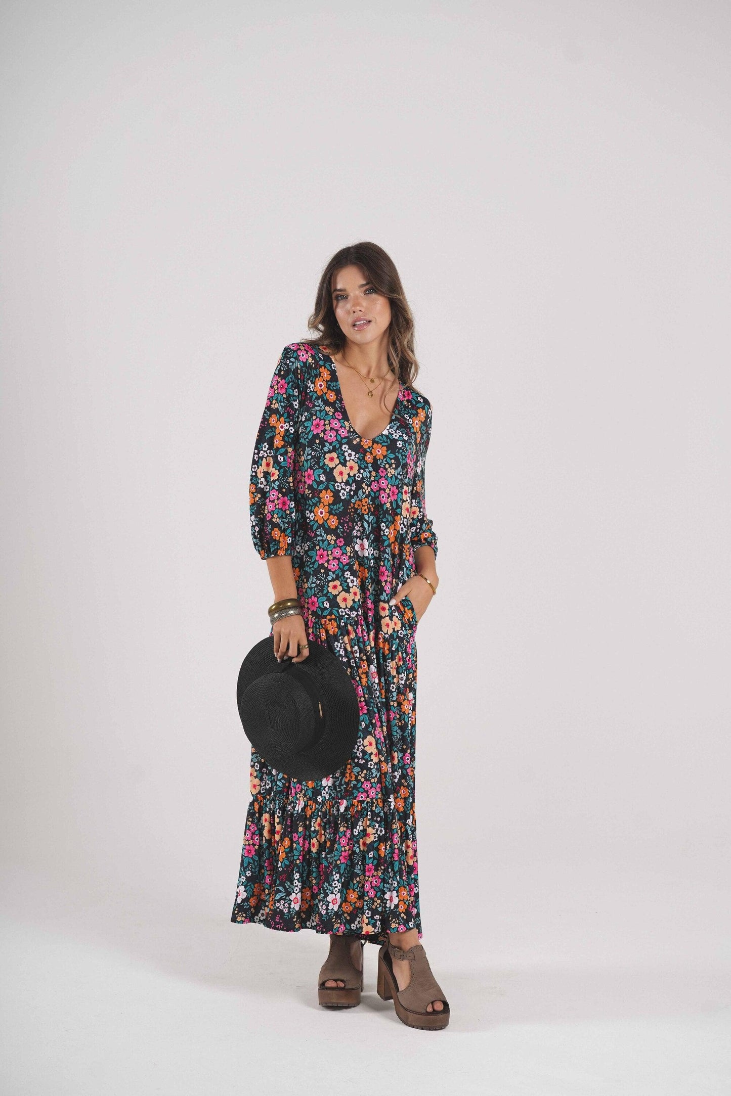 Vestido comprido em malha estampada
