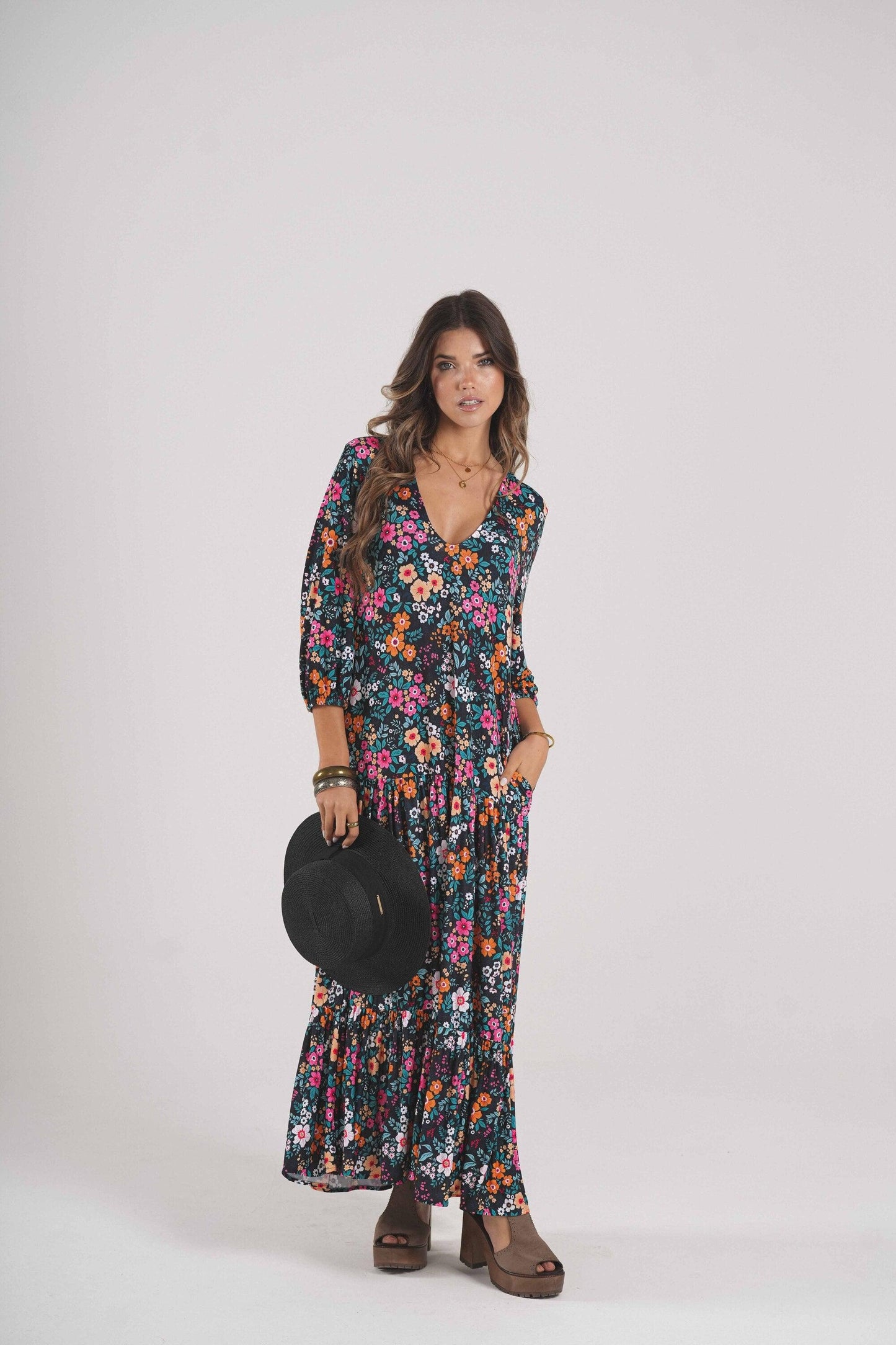 Vestido comprido em malha estampada