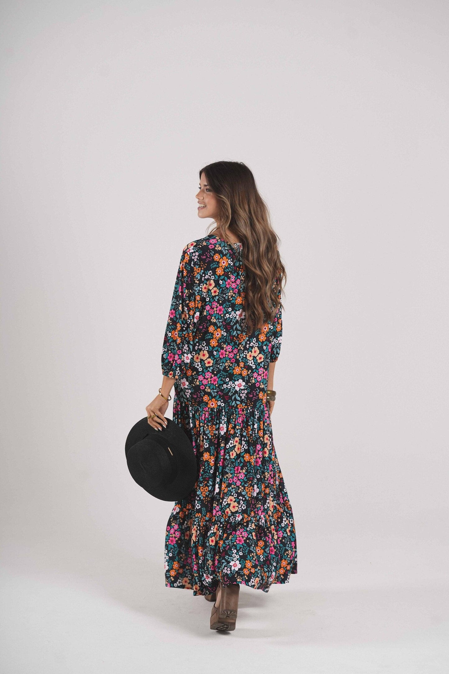 Vestido comprido em malha estampada
