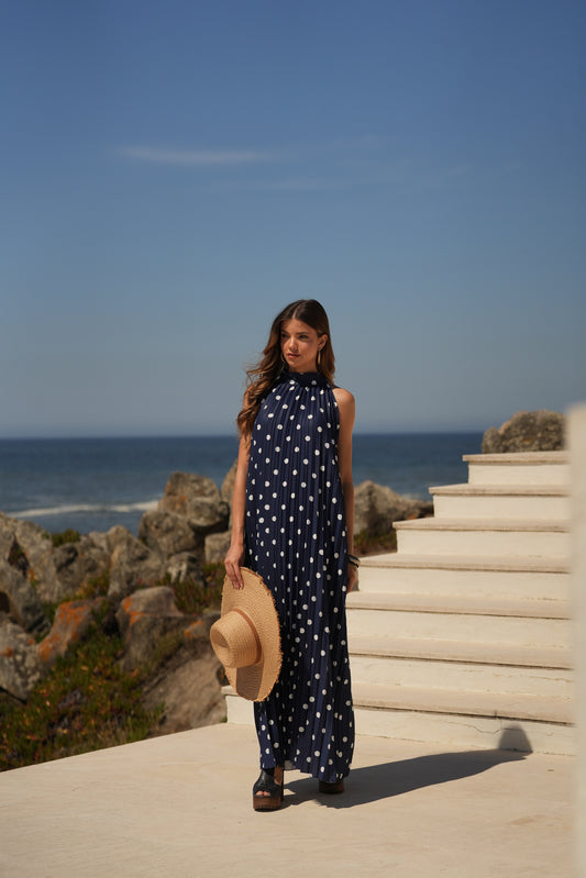 Vestido plissado estampado bolas