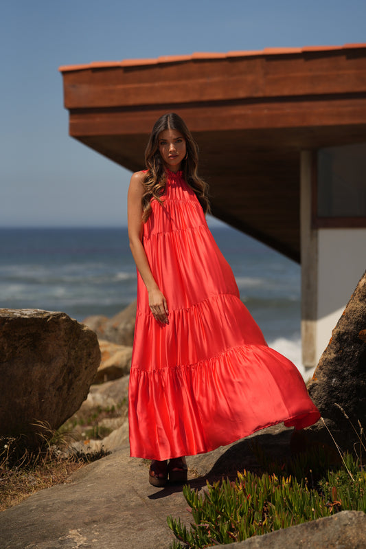 Vestido comprido em seda rosa