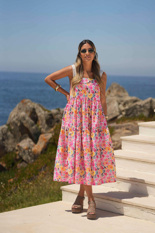 Long printed dress with bow