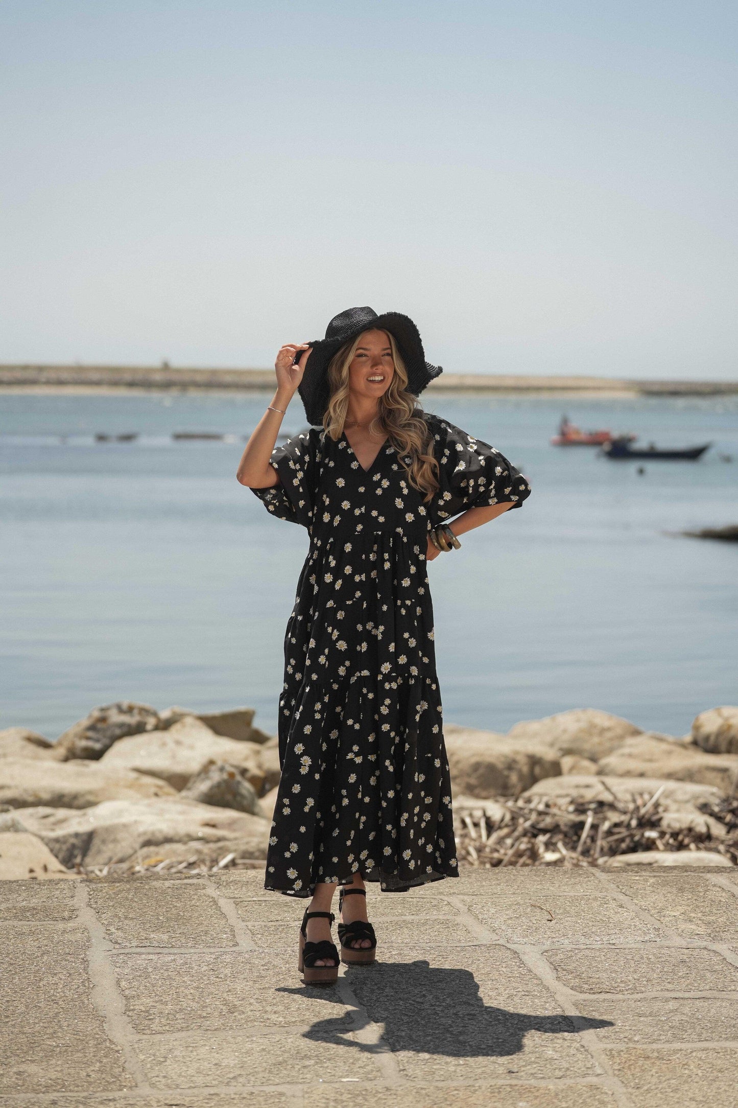 Vestido comprido em viscose estampada