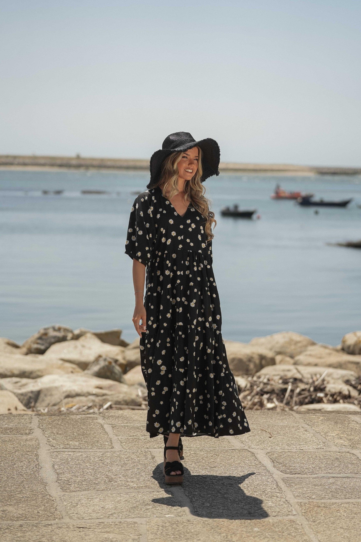Vestido comprido em viscose estampada