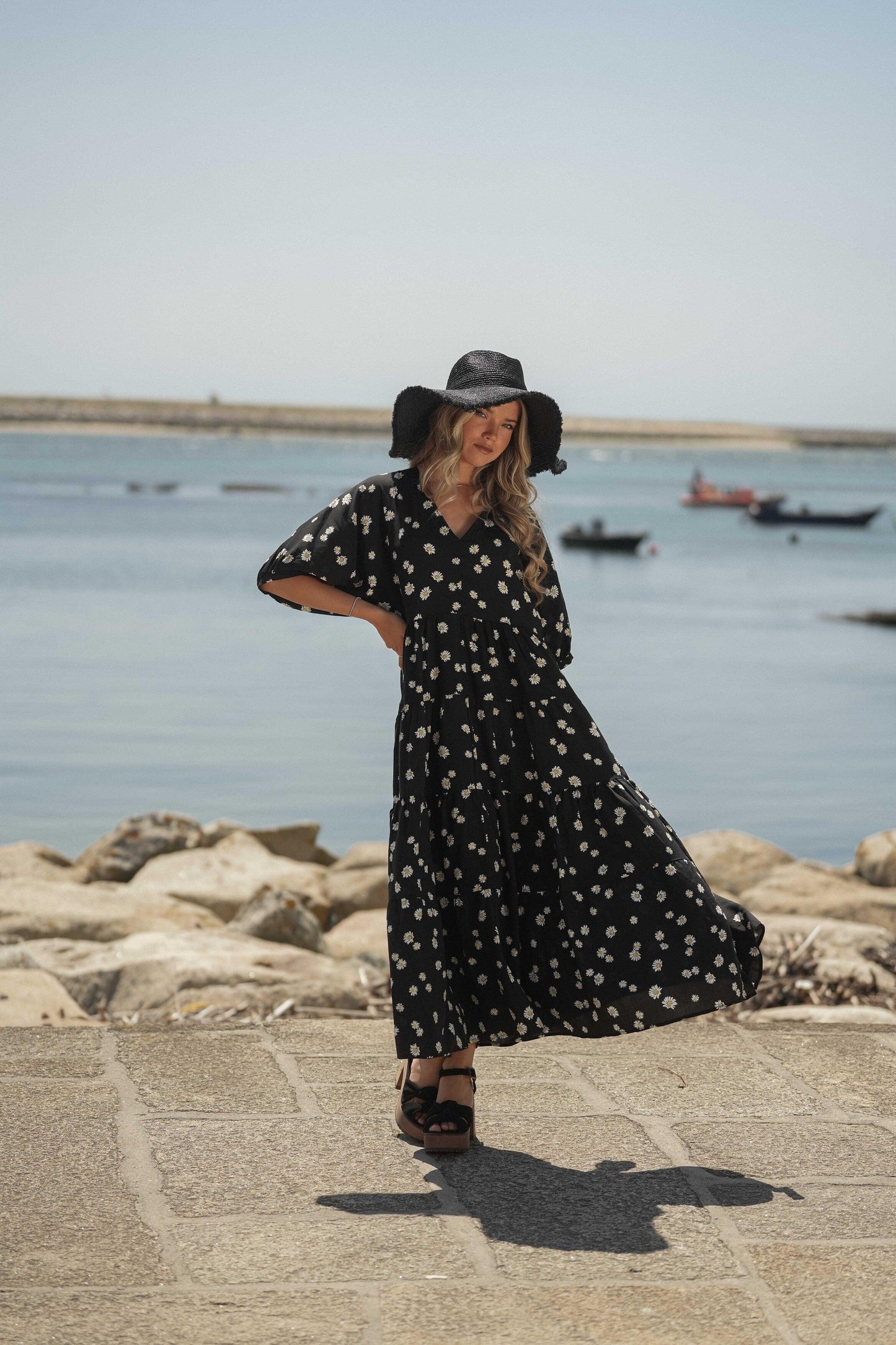 Vestido comprido em viscose estampada