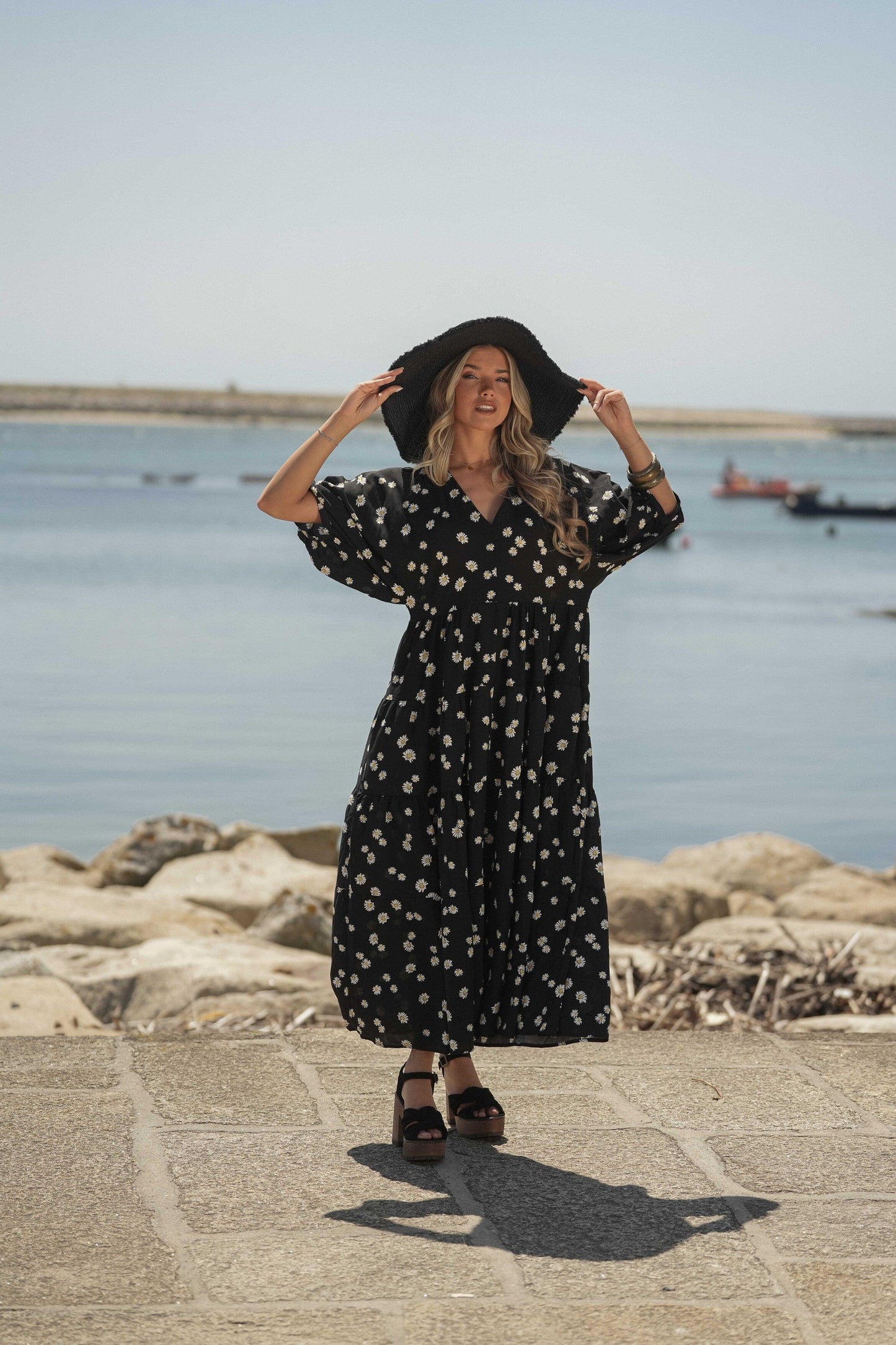 Vestido comprido em viscose estampada
