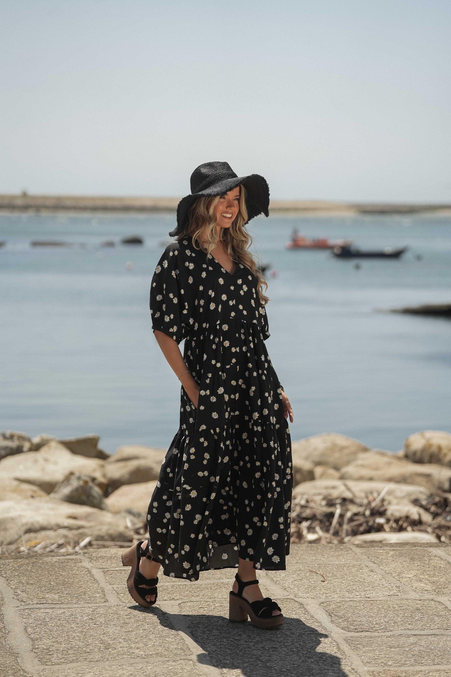 Vestido comprido em viscose estampada