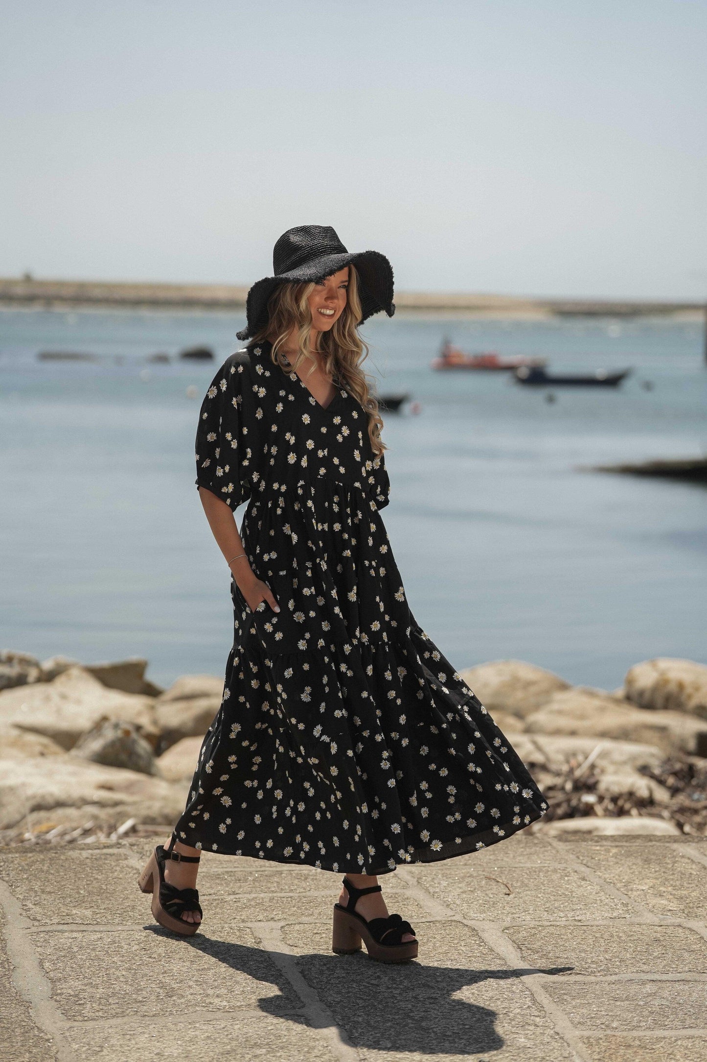 Vestido comprido em viscose estampada