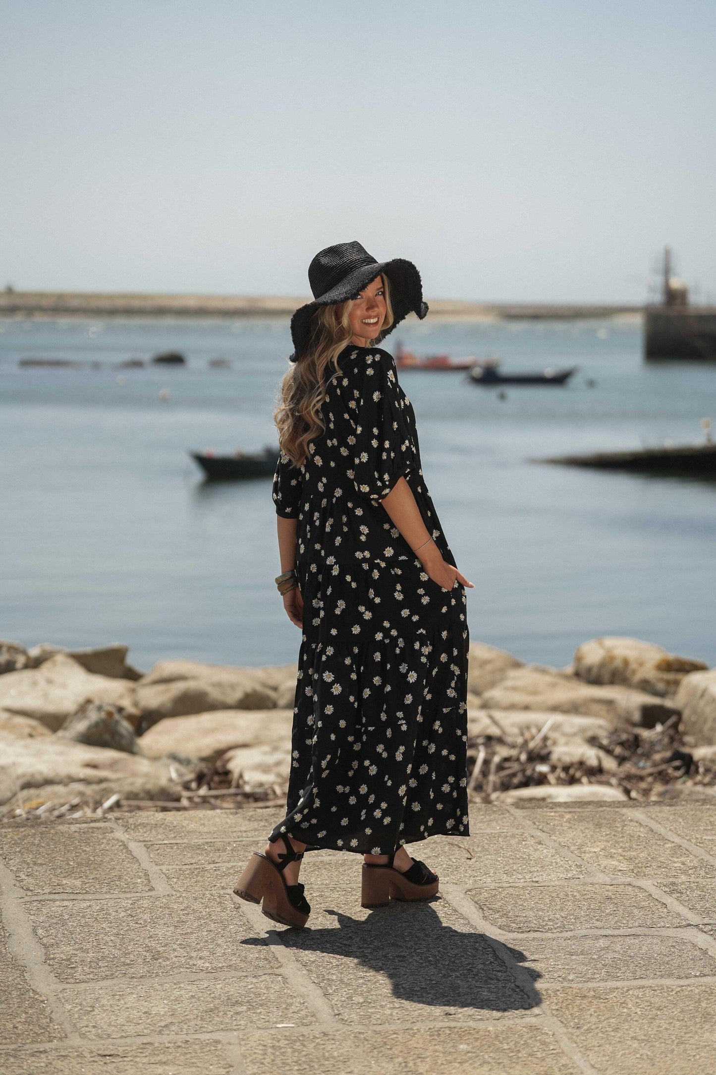 Vestido comprido em viscose estampada