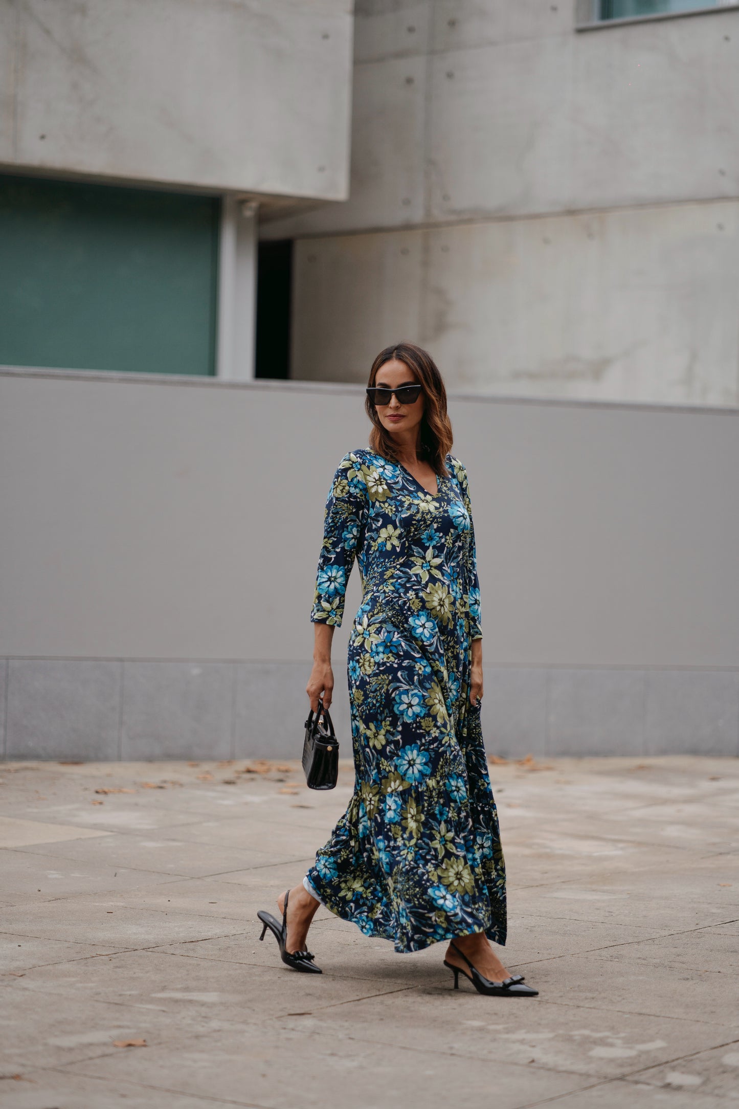 Vestido comprido em malha estampada