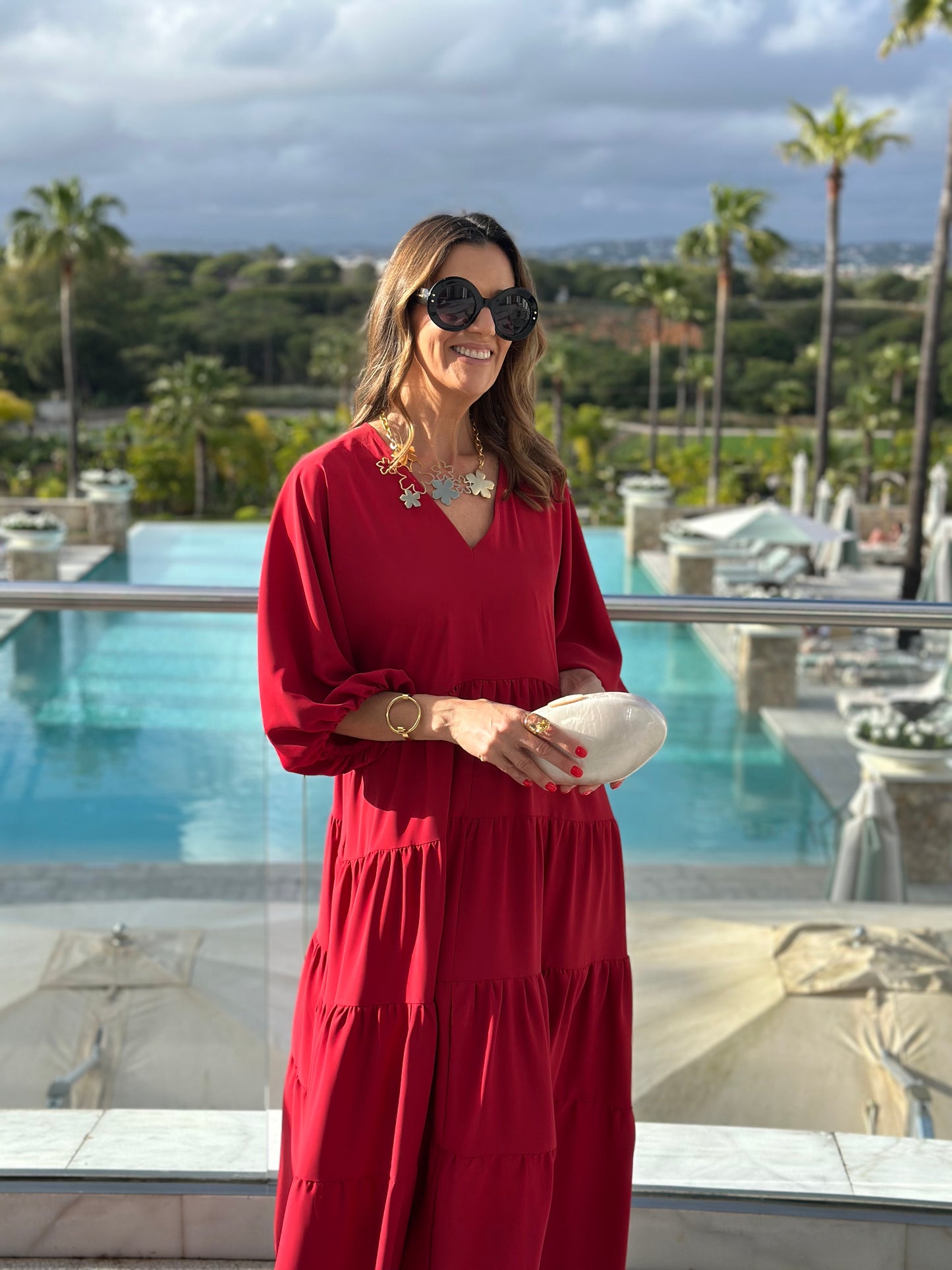 Vestido comprido vermelho com folhos