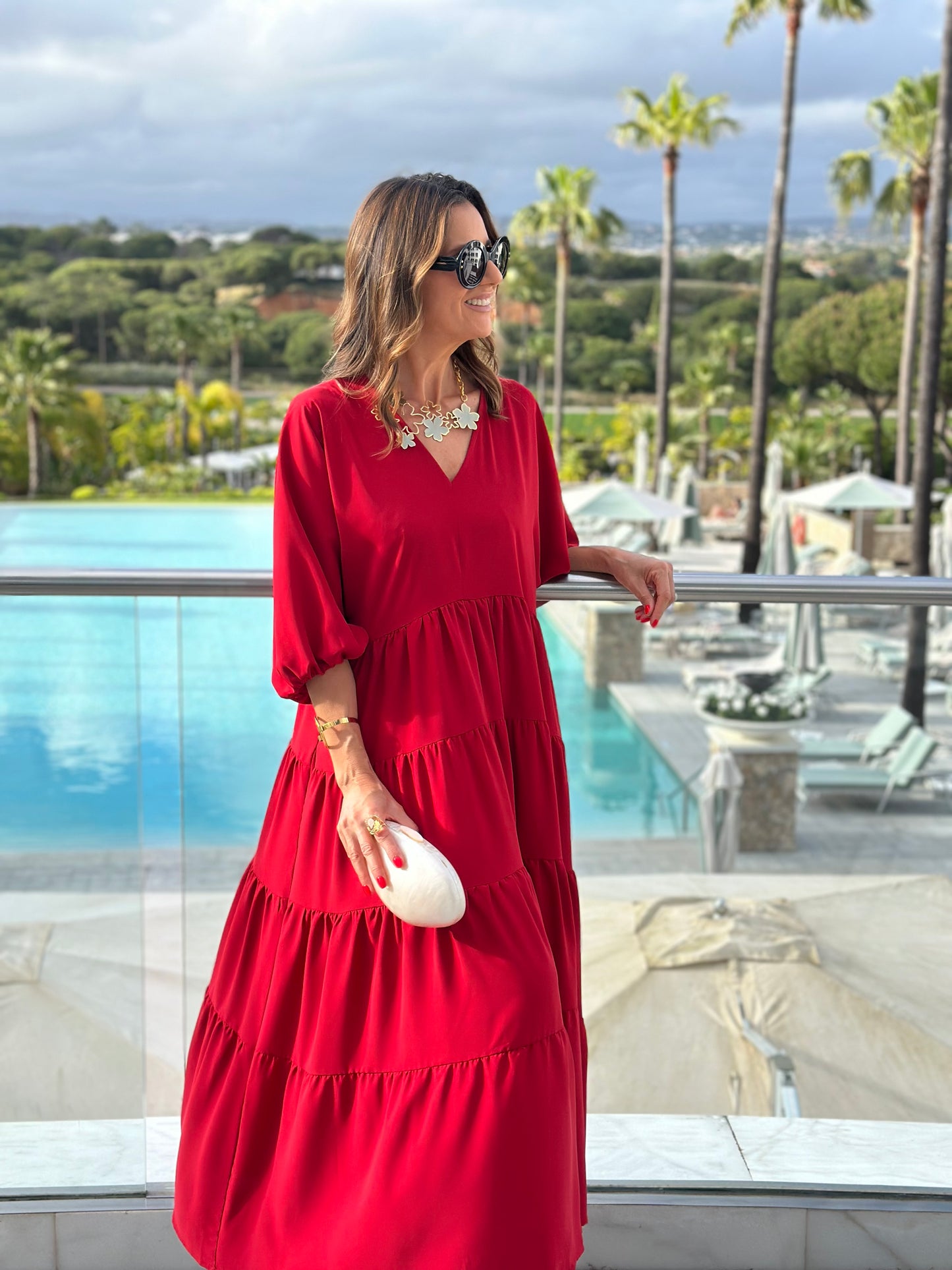 Vestido comprido vermelho com folhos