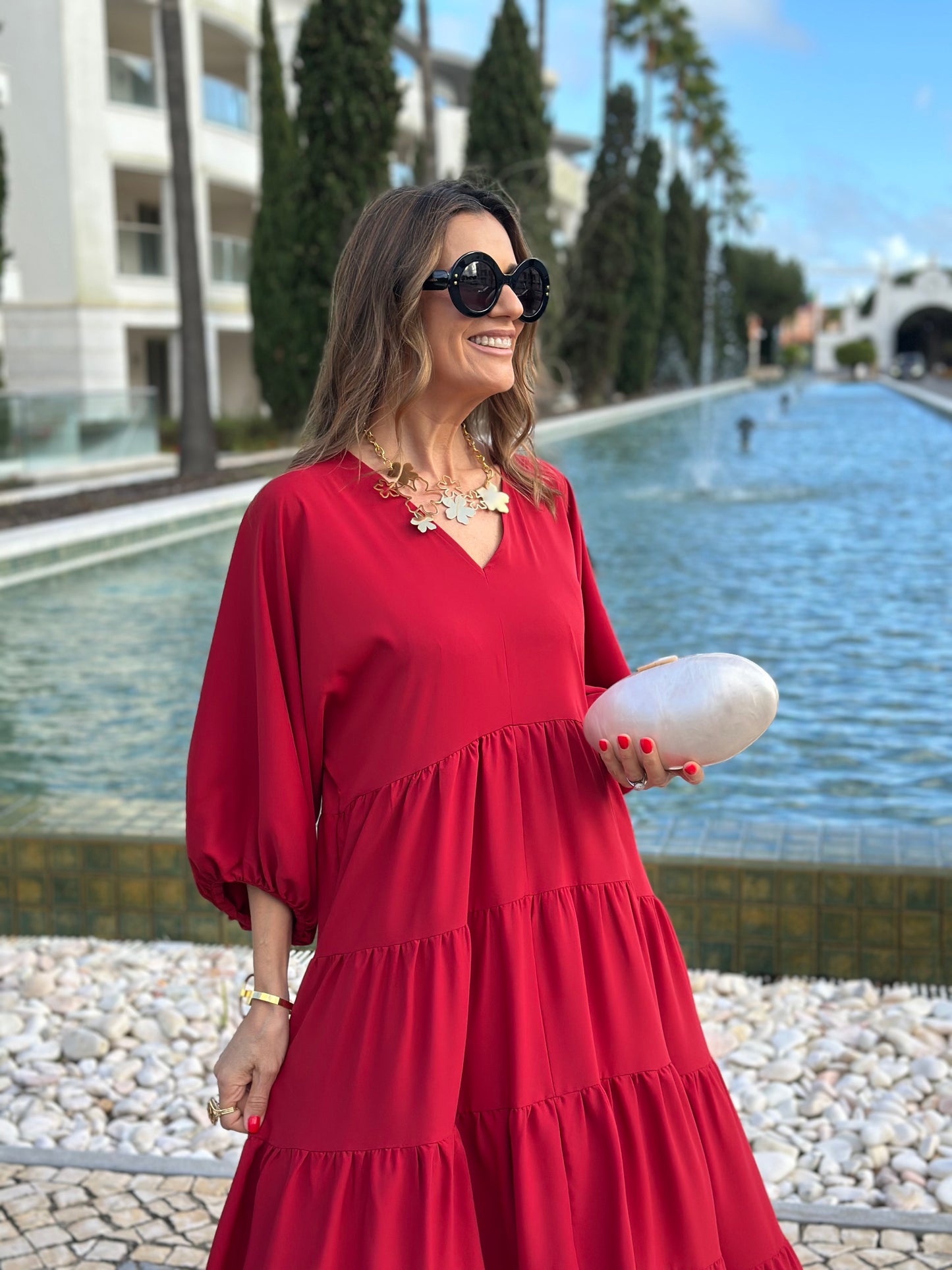Vestido comprido vermelho com folhos