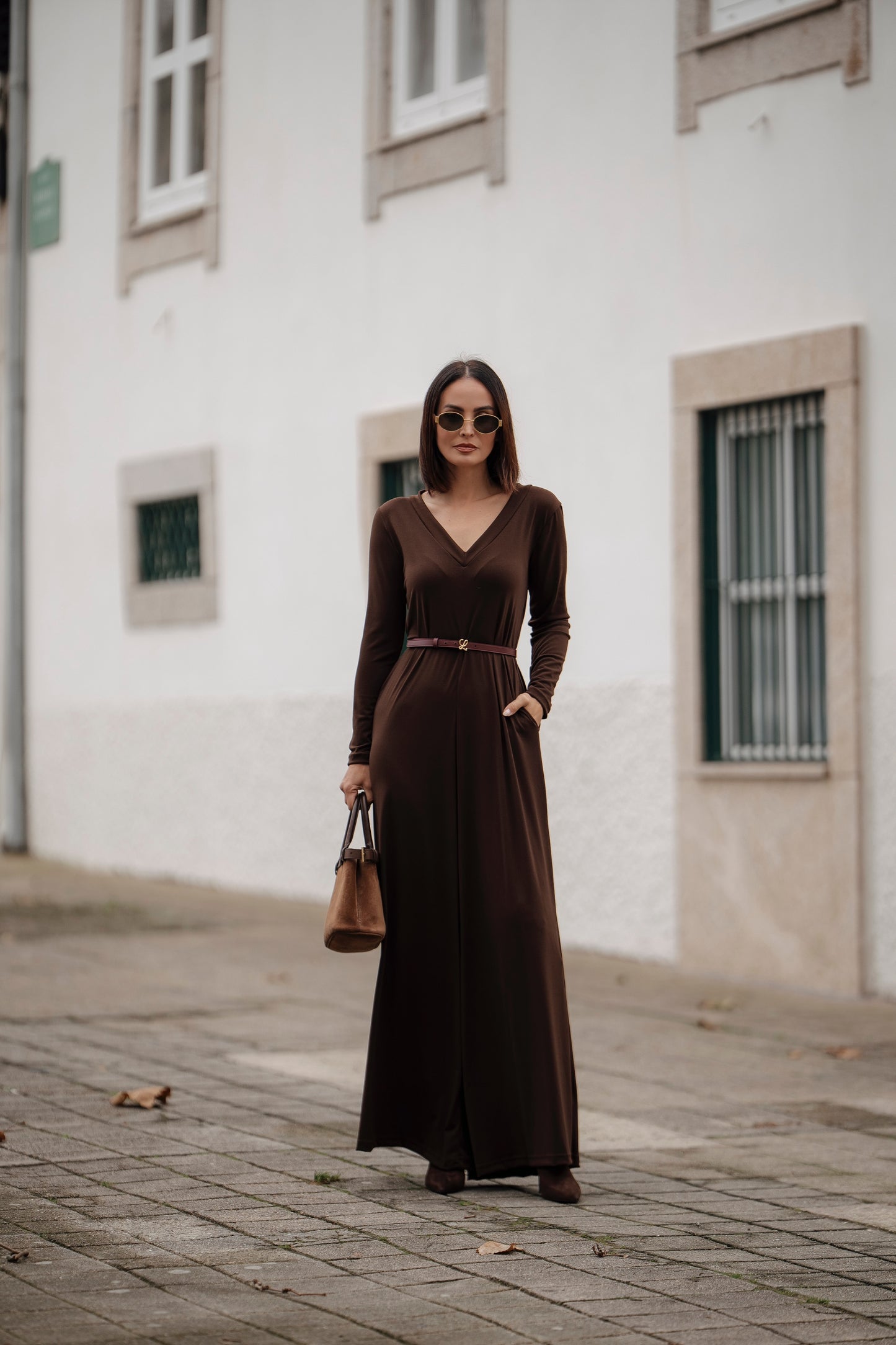 Long jumpsuit in brown knit