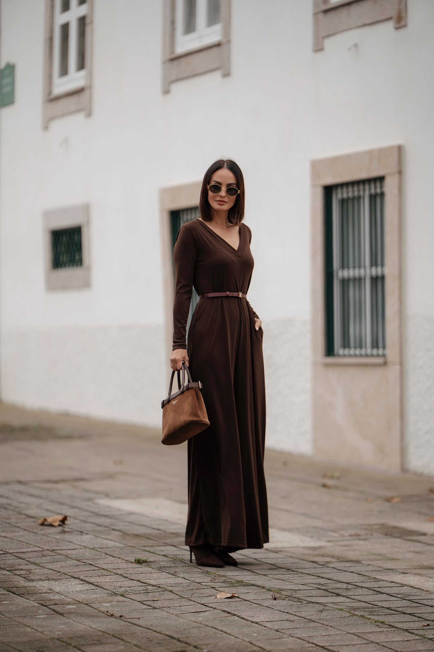 Long jumpsuit in brown knit