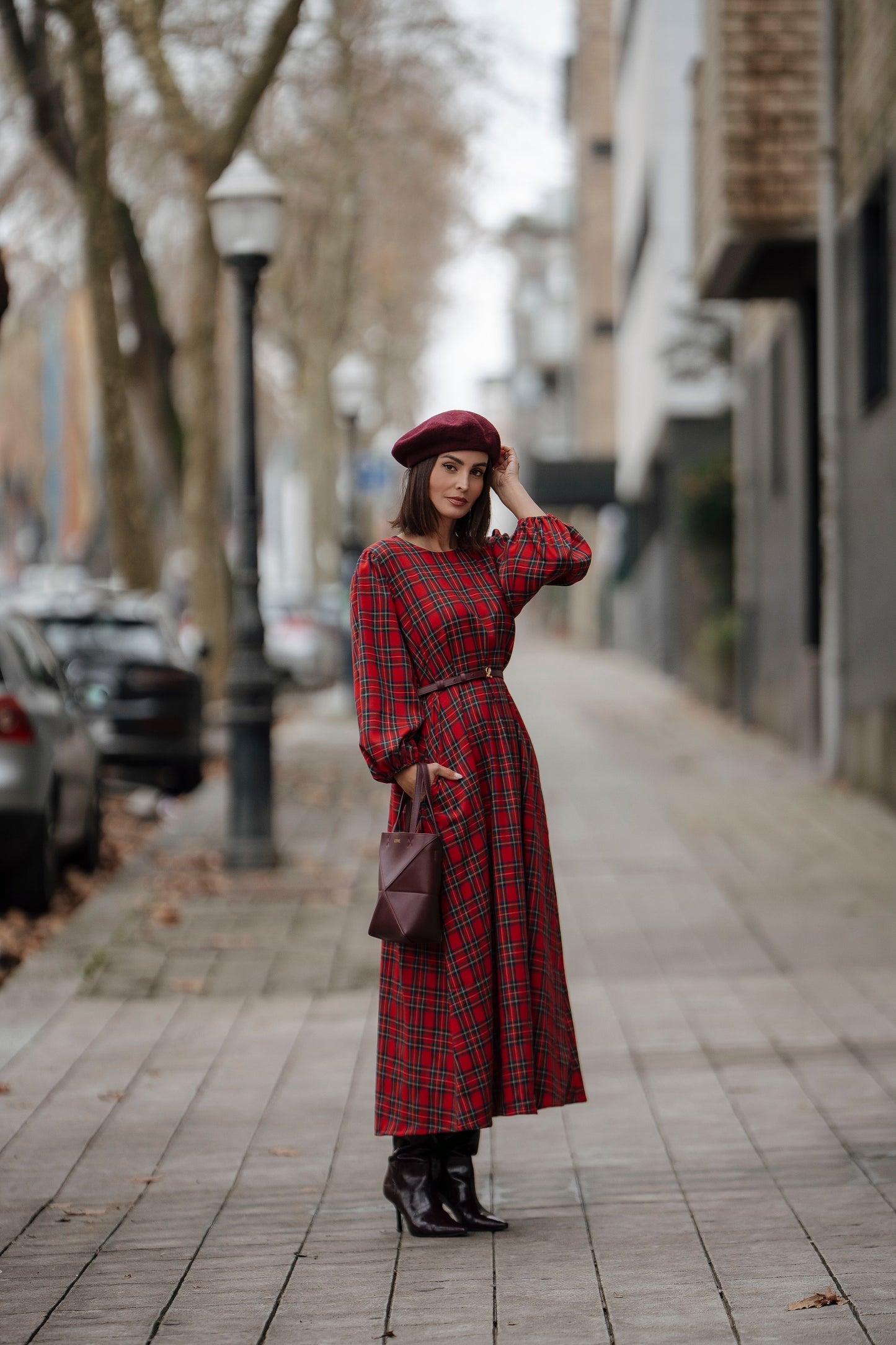 Vestido comprido em xadrez vermelho
