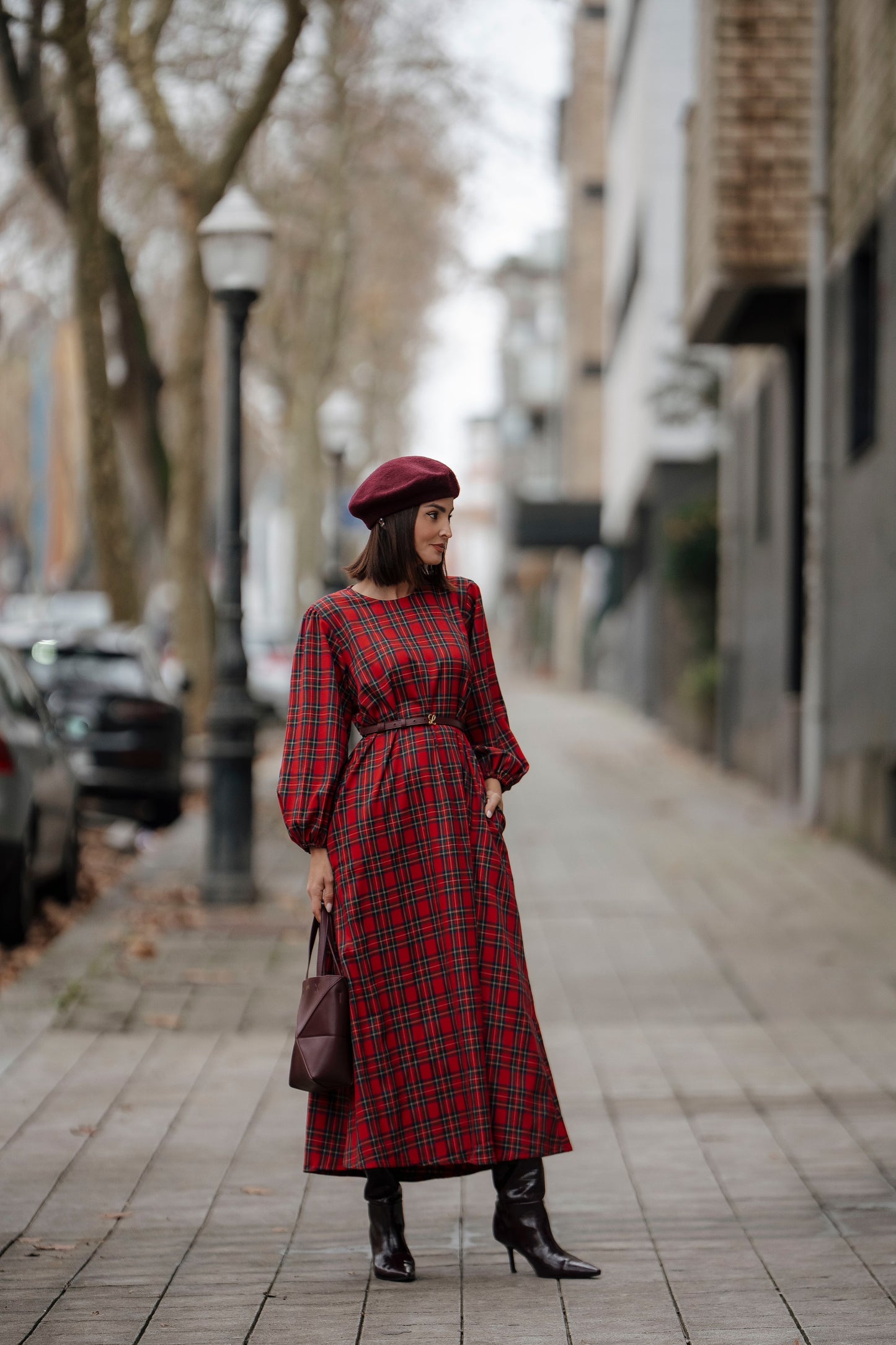 Vestido comprido em xadrez vermelho