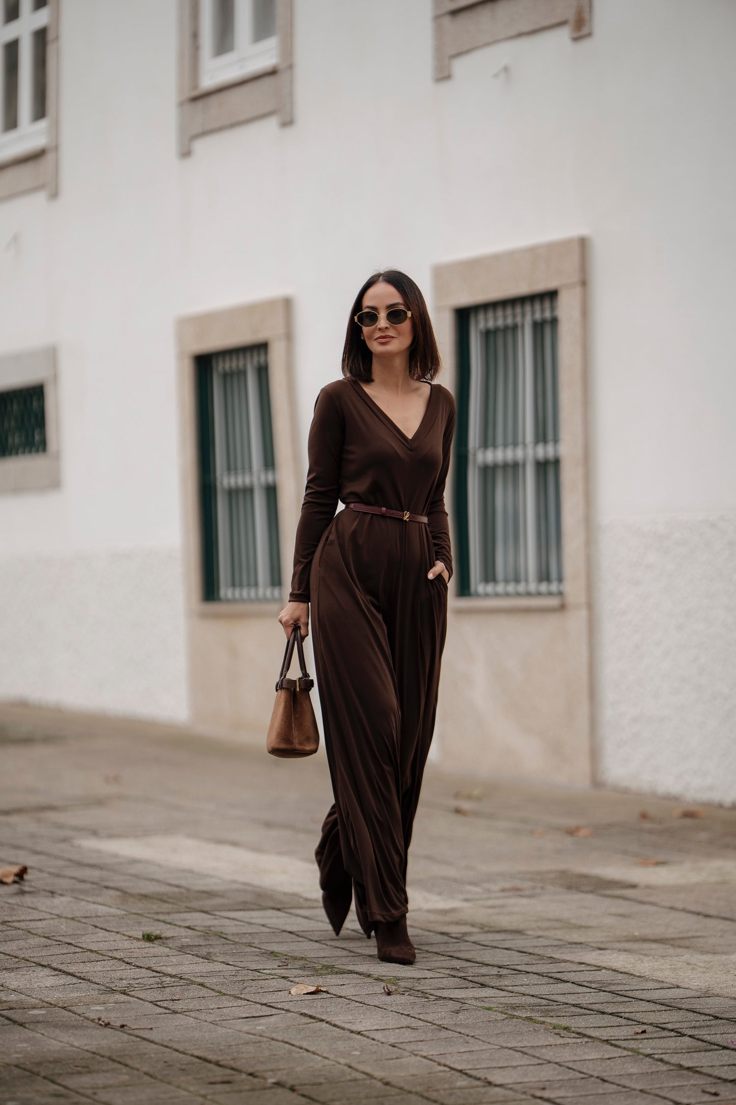 Long jumpsuit in brown knit