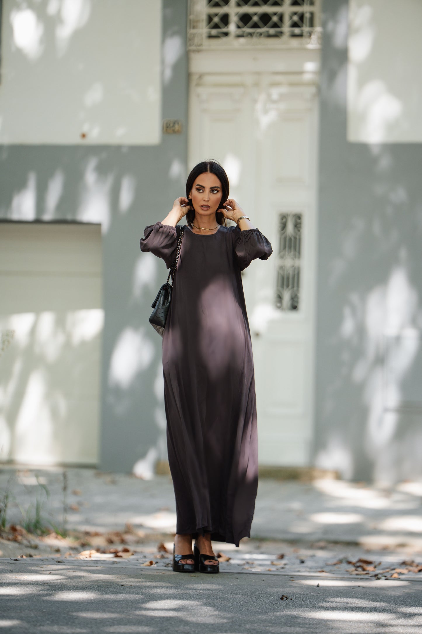 Vestido comprido em viscose castanho