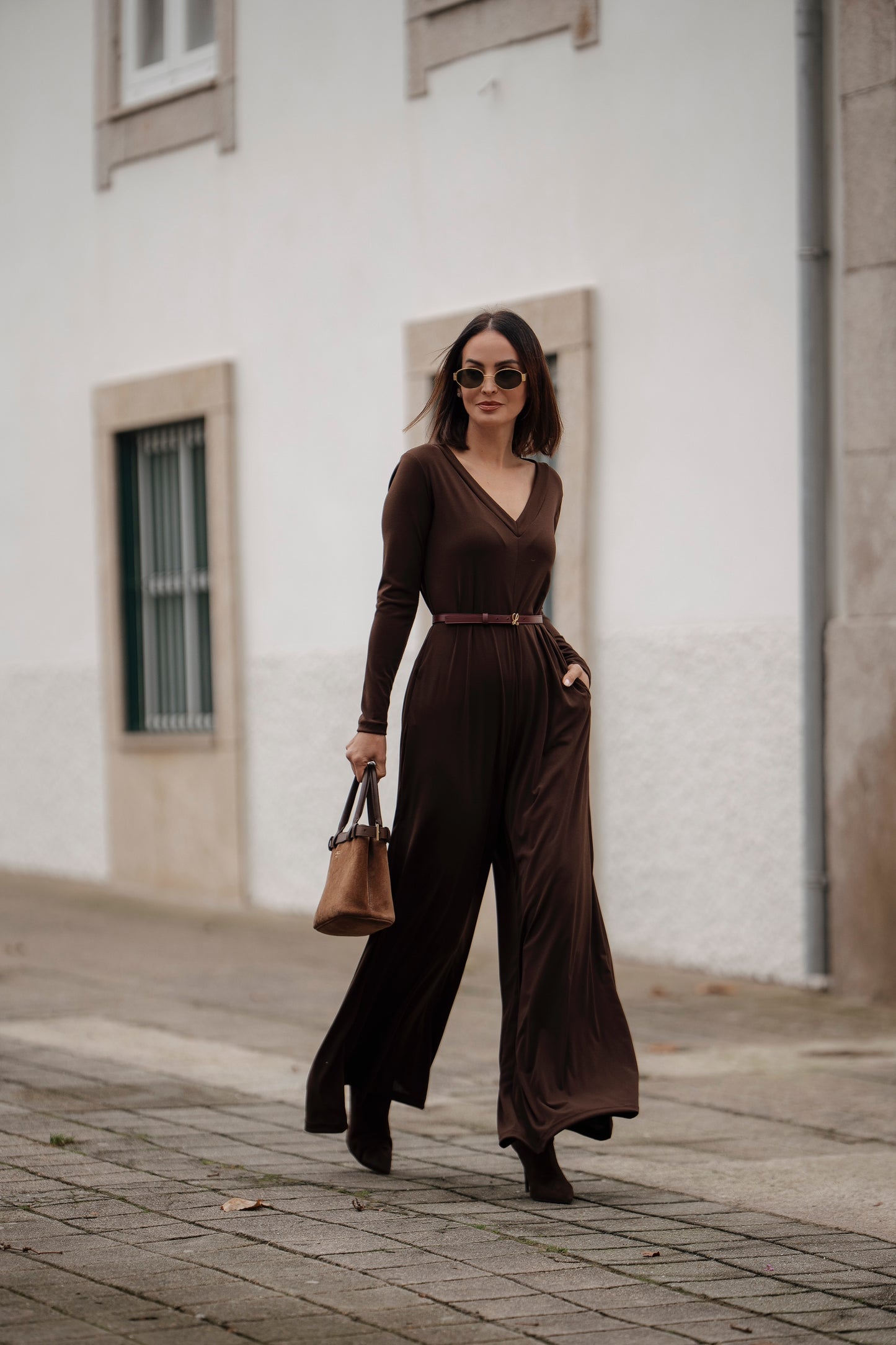 Long jumpsuit in brown knit