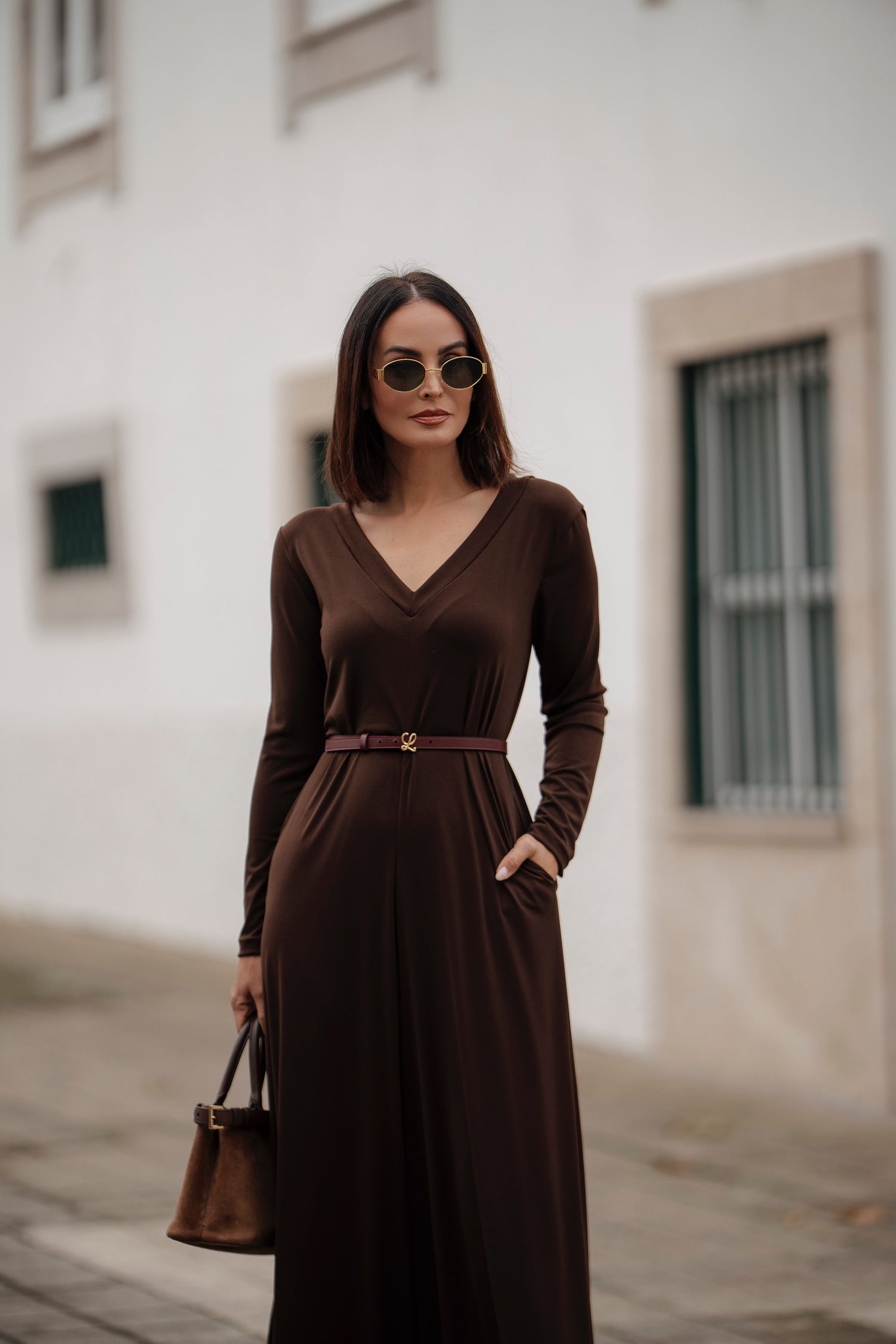 Macacão comprido em malha castanho