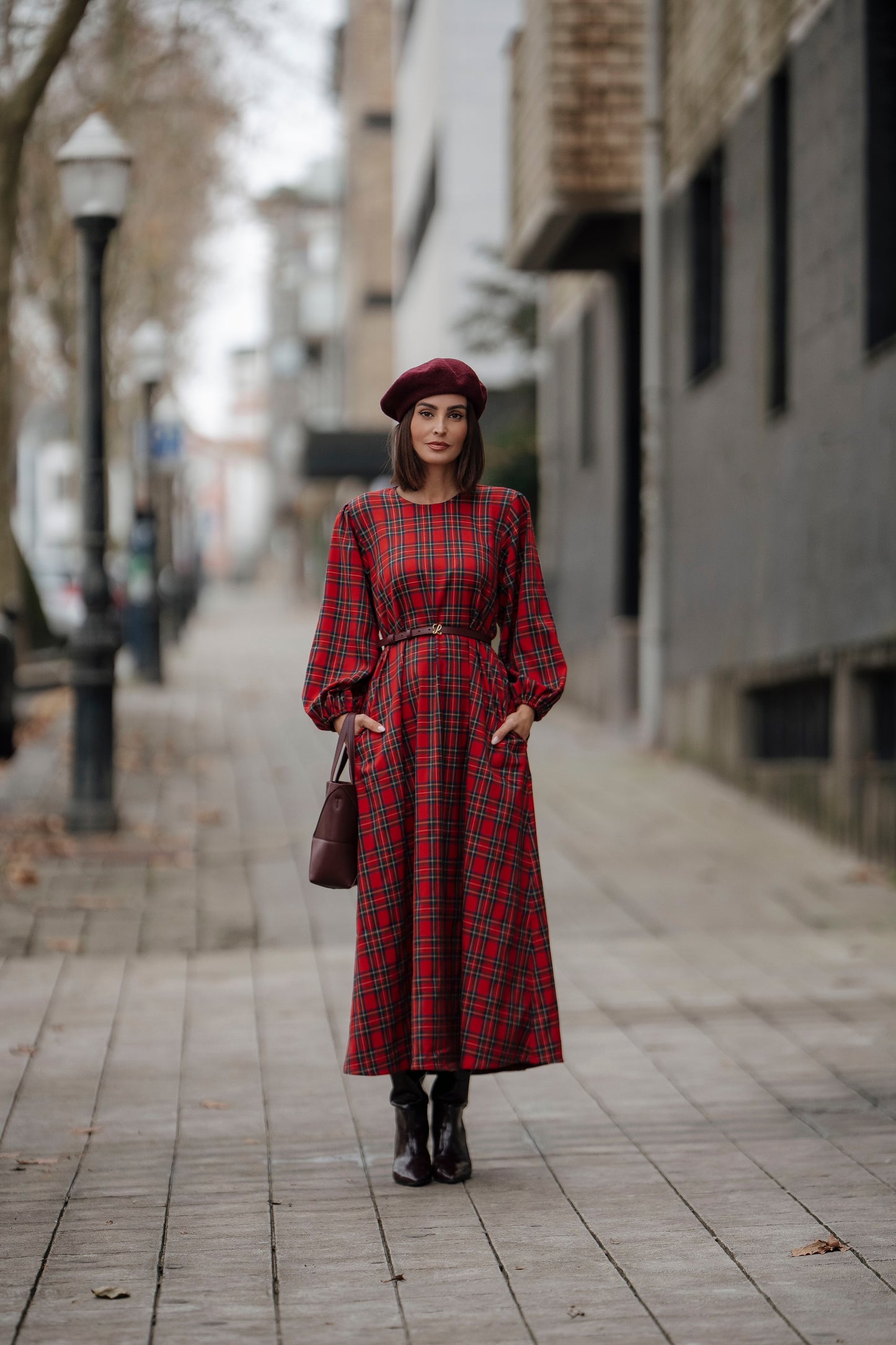 Vestido comprido em xadrez vermelho