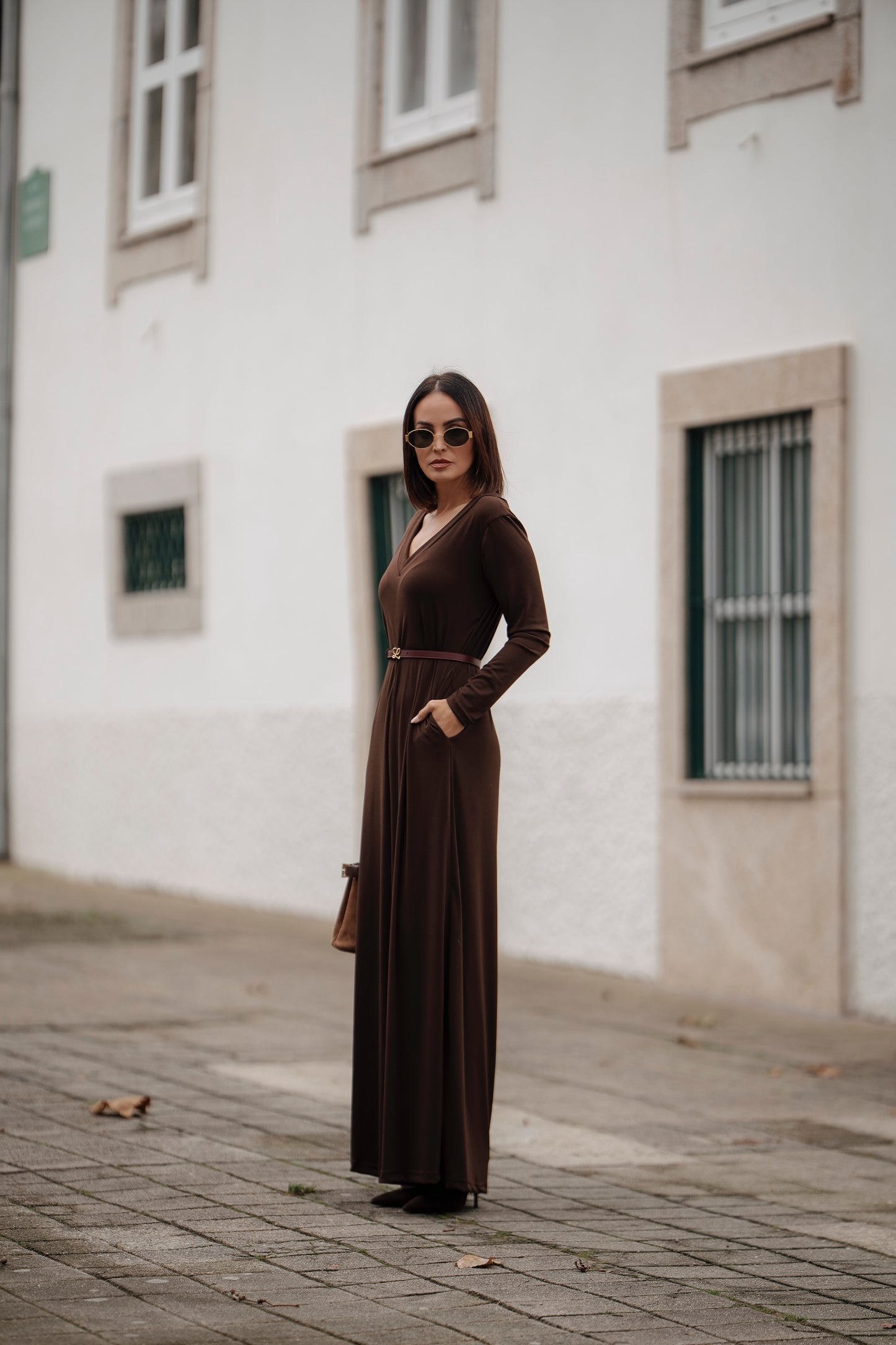 Long jumpsuit in brown knit