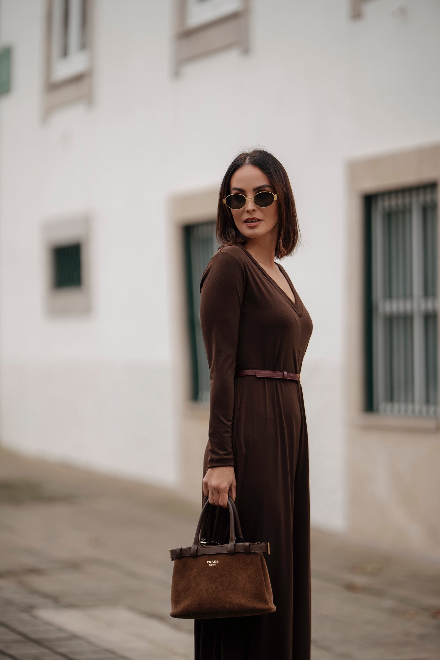 Long jumpsuit in brown knit