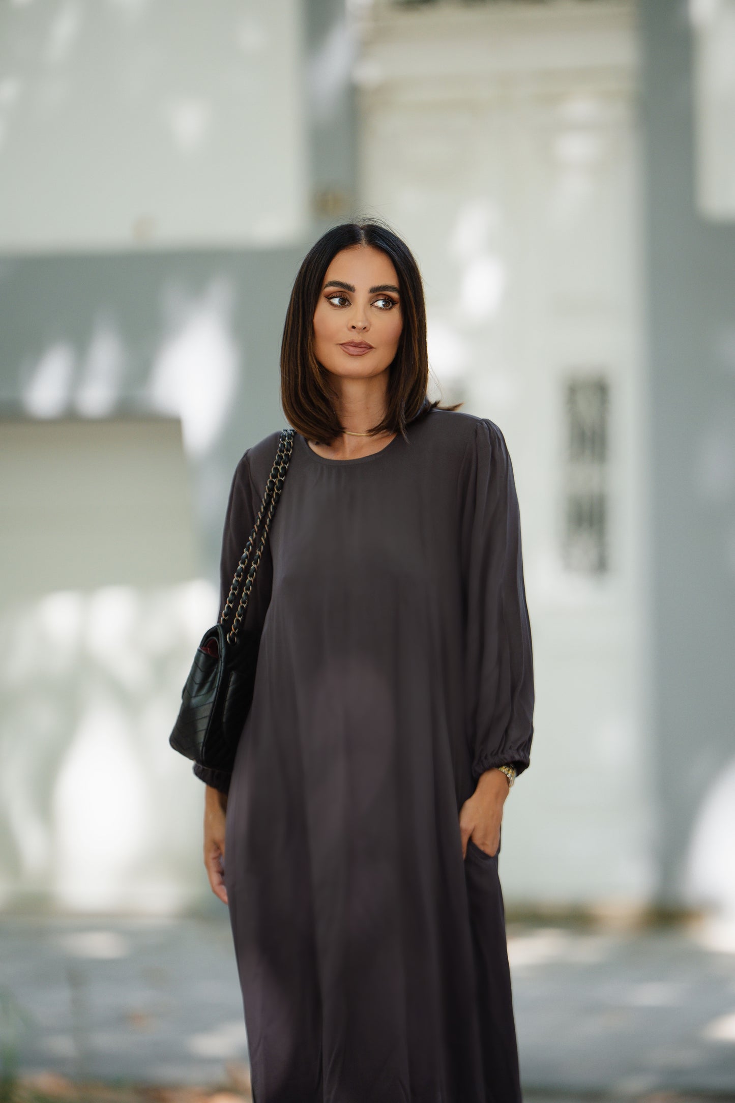 Vestido comprido em viscose castanho