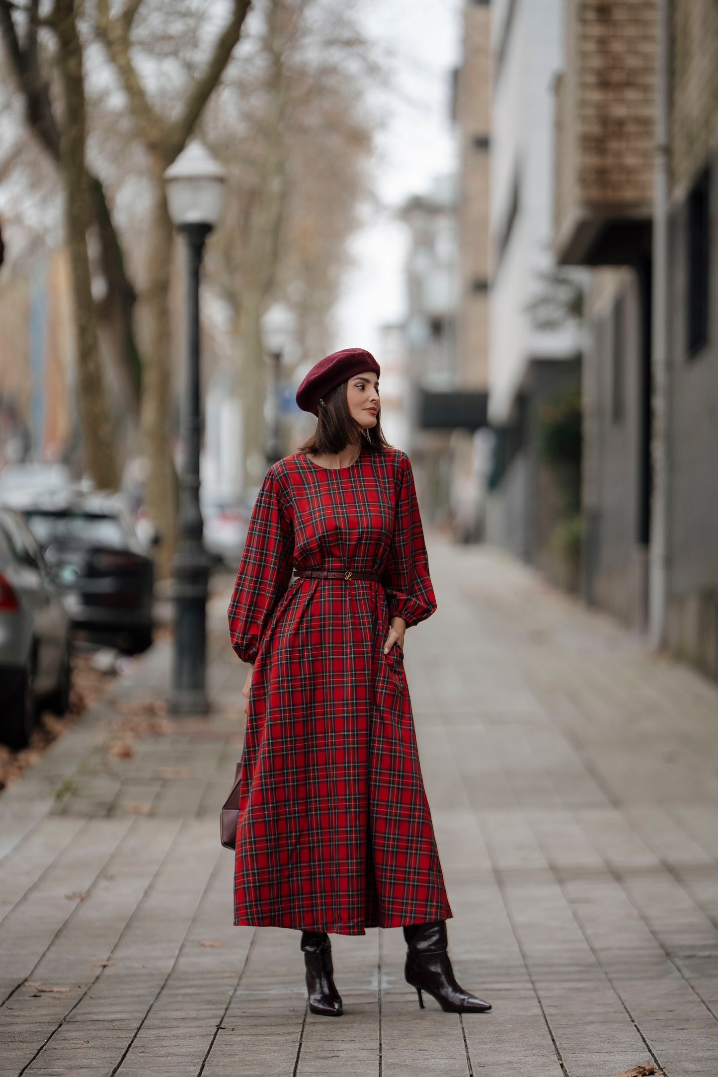Vestido comprido em xadrez vermelho