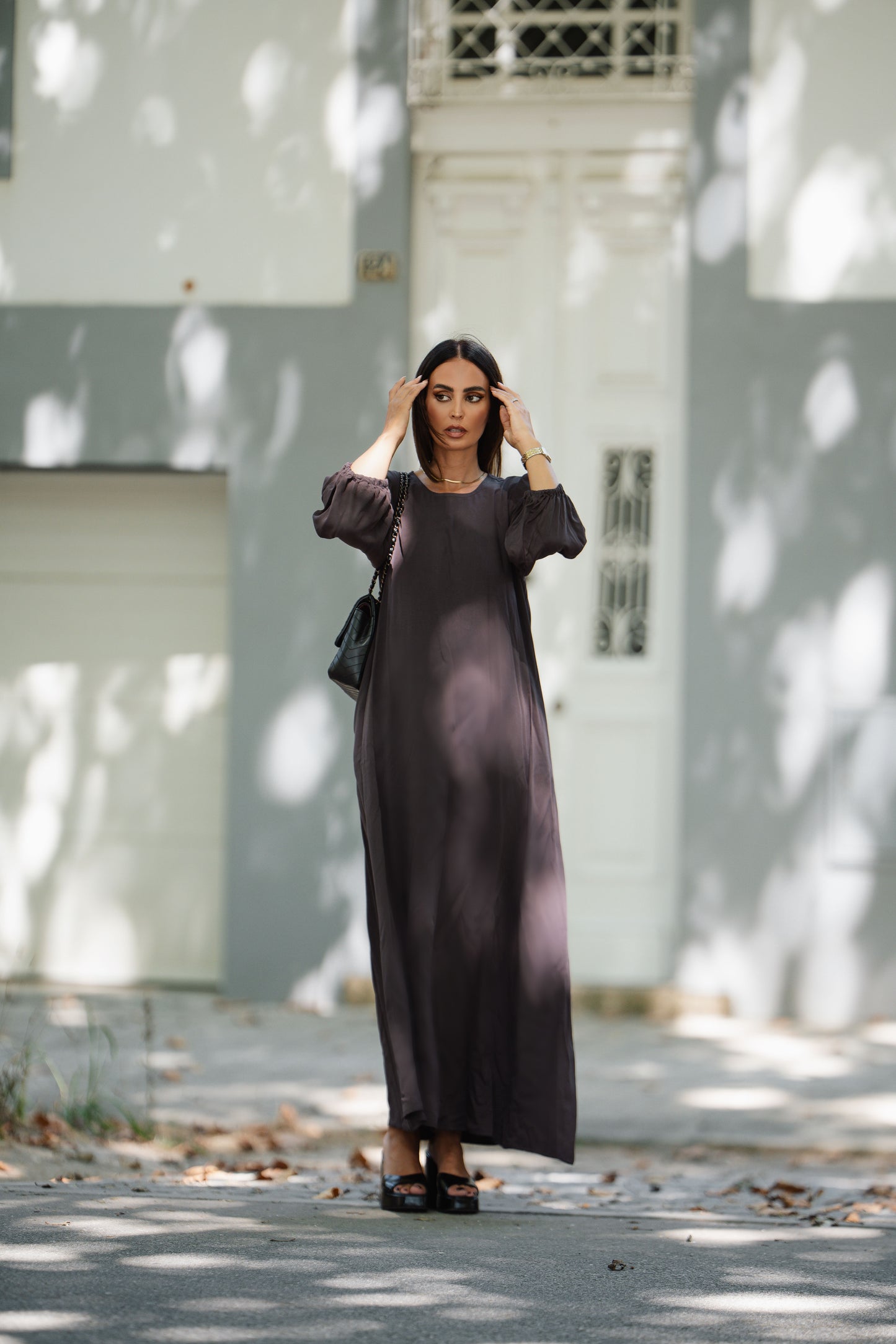 Vestido comprido em viscose castanho