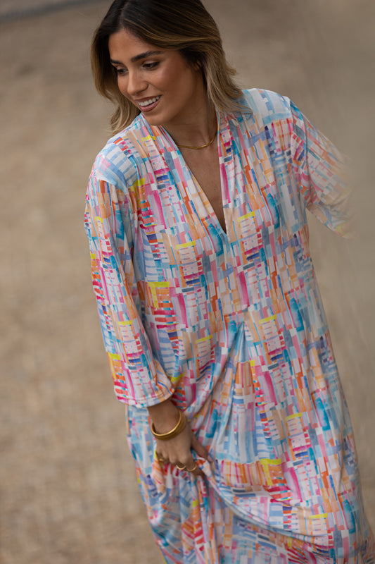 Vestido comprido em malha estampada