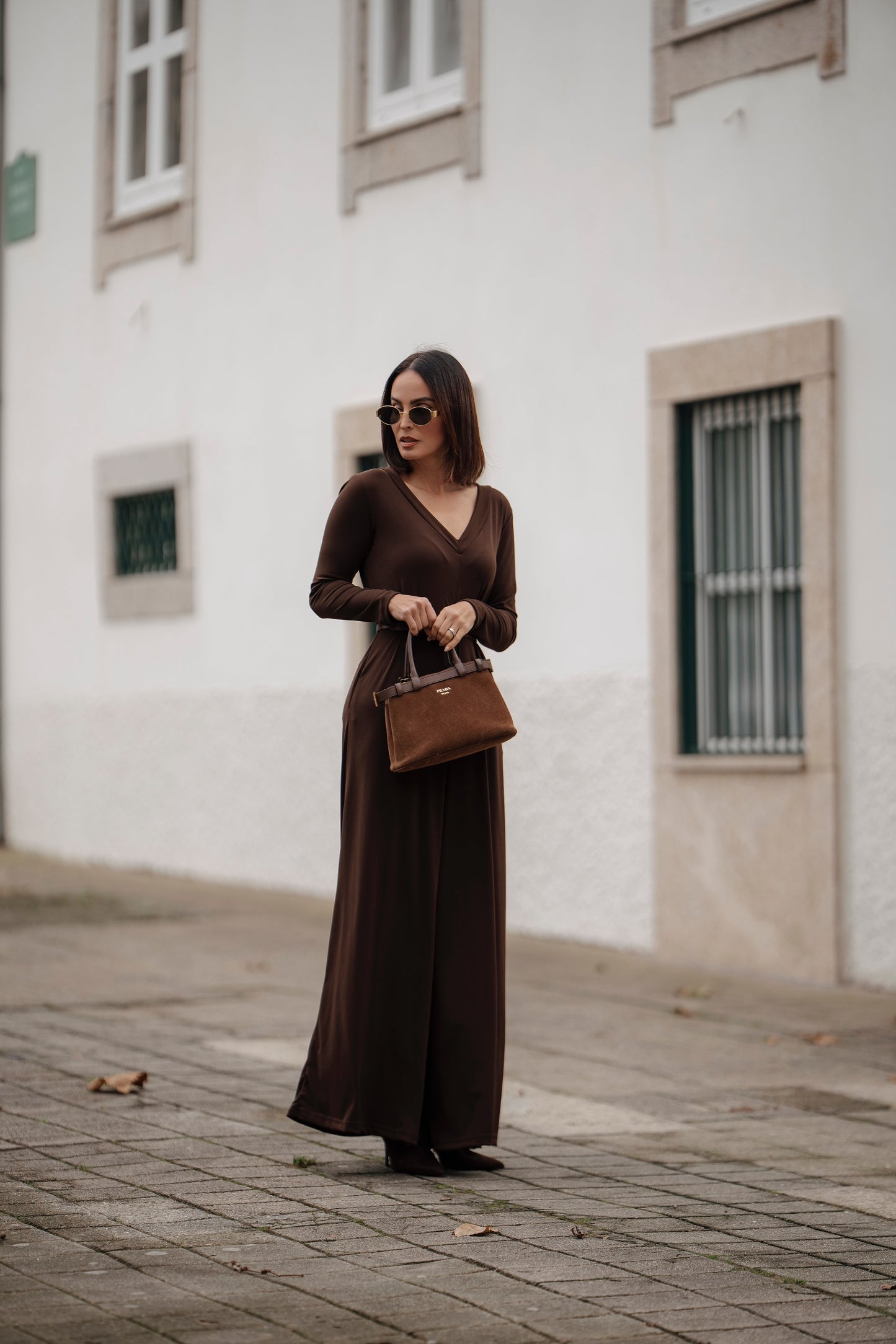 Long jumpsuit in brown knit