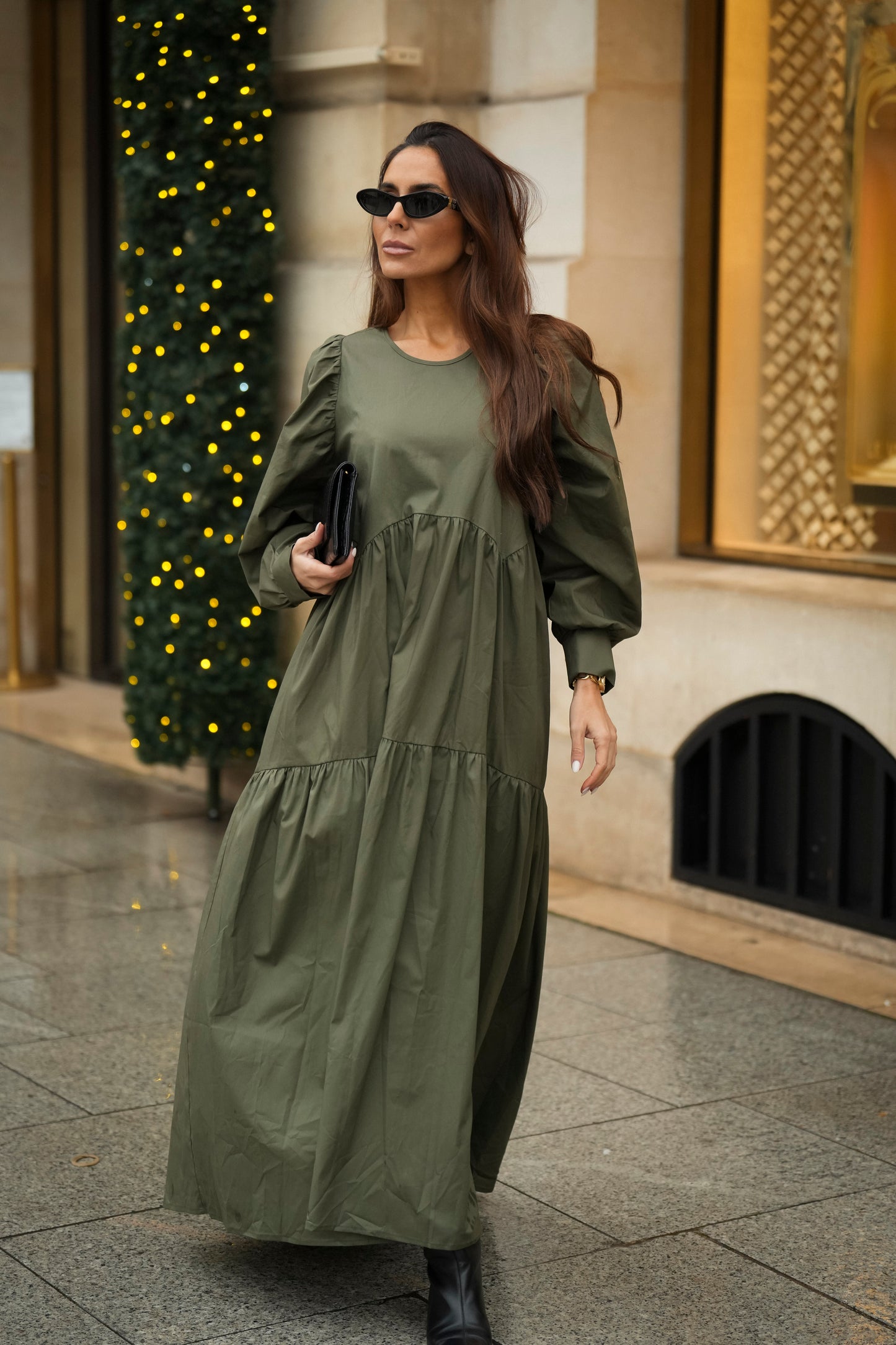 Vestido comprido com folho em verde