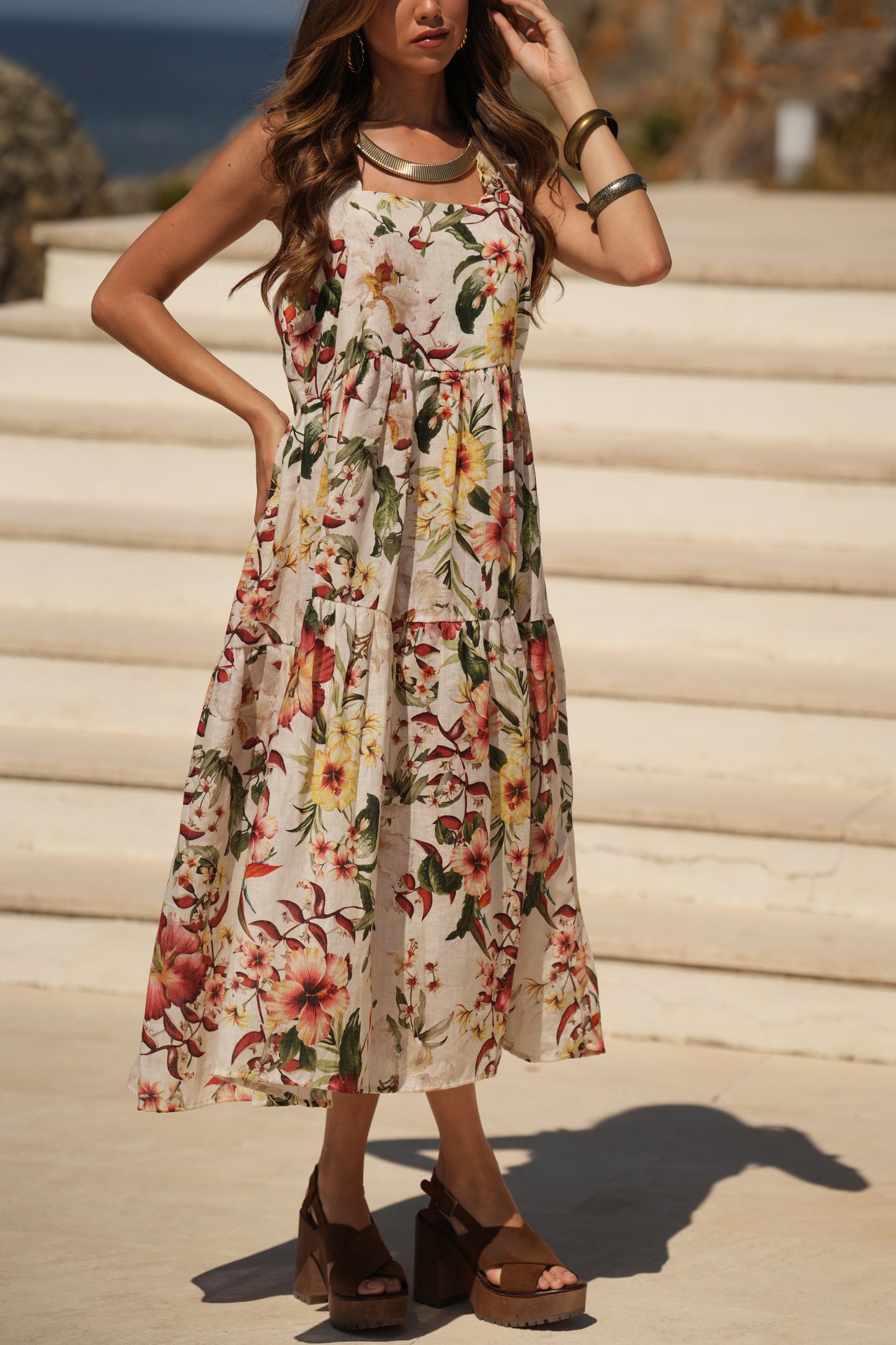Vestido de alças comprido estampado