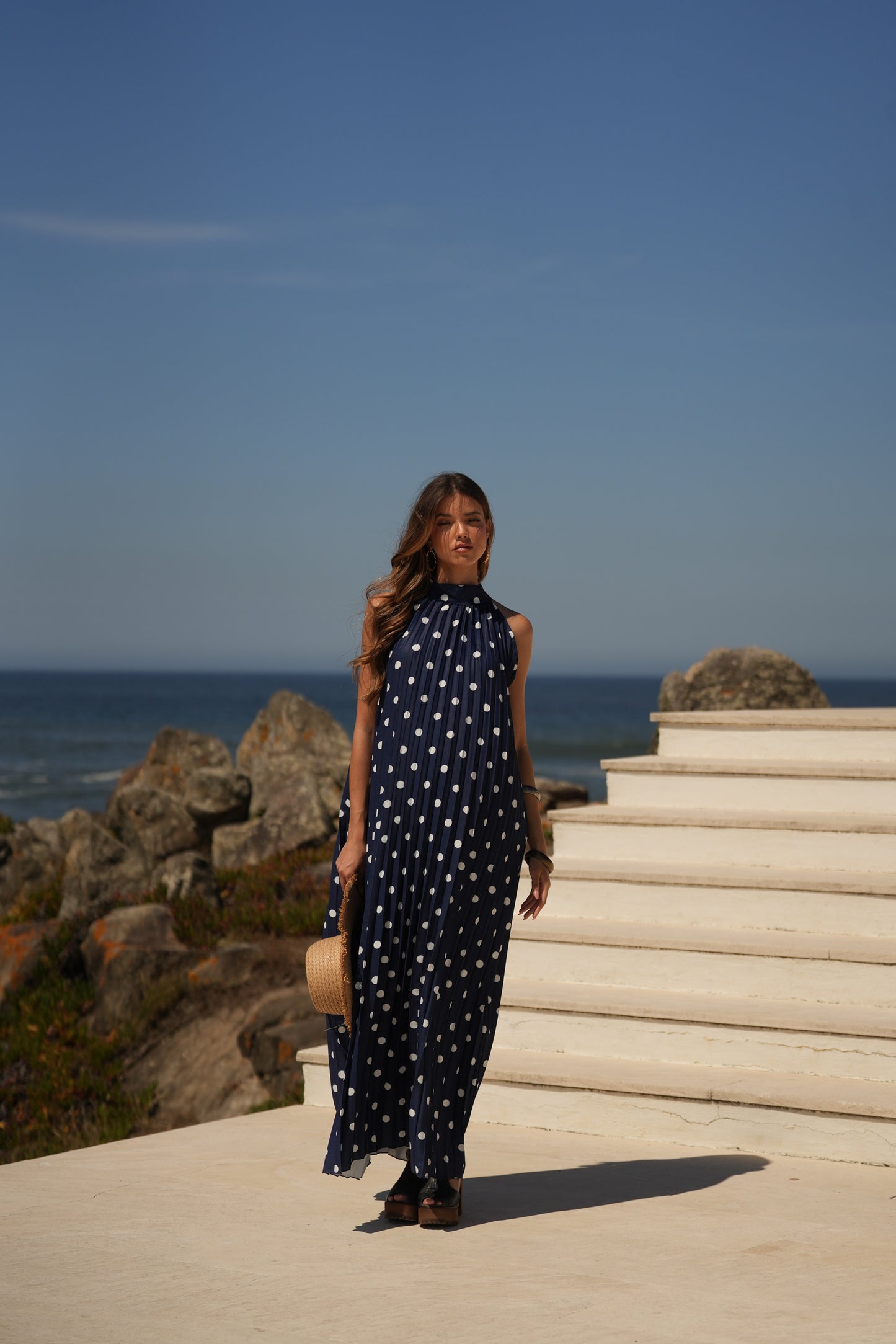 Vestido plisado estampado de lunares